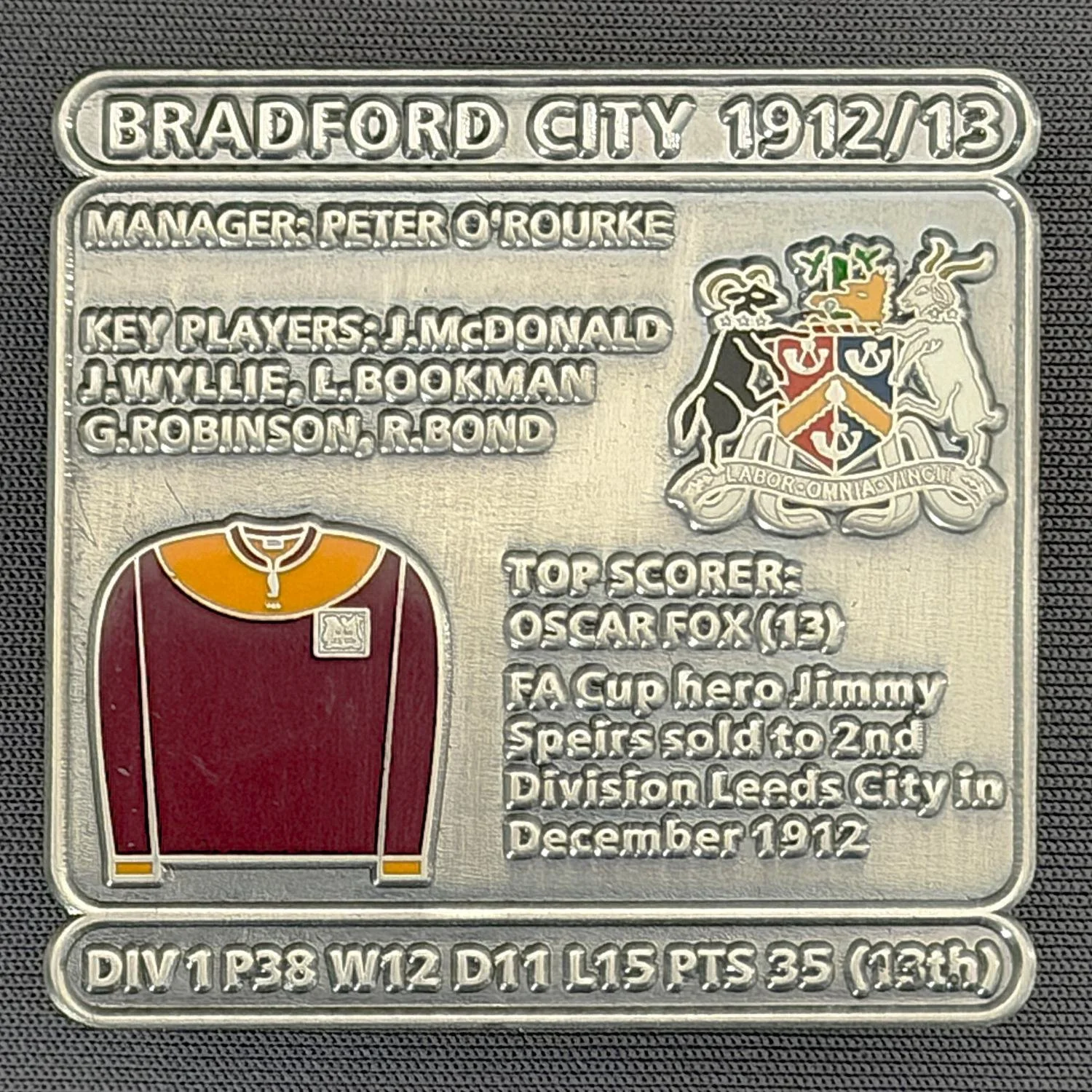 Reference Number: BCDEC029
Size: H 41.1 mm x W 42 mm
Pin Type: Double Metal Clutch
Plating: Antique Silver
Value: £8
Manufacturer: Historic Sports Badges Ltd
Comments: 1912/13 Season 