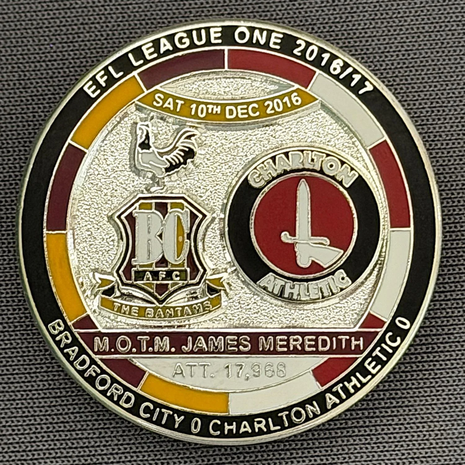 Reference Number: BCFIX402
Size: D 29.4 mm
Pin Type: Brooch Pin
Plating: Nickel
Value: £10
Manufacturer: Bradford City Badges
Comments: Bradford City v Charlton Athletic 2016/17, Limited Edition of 10 Badges (Nickel Version)