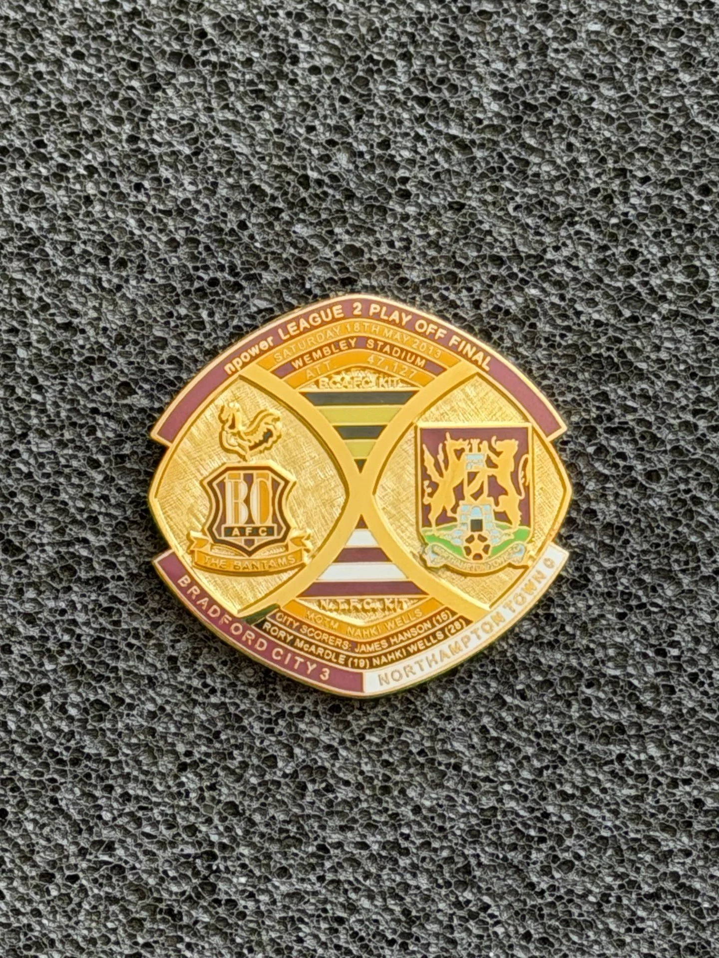 A commemorative medal for an English Premier League soccer match between West Bromwich Albion and Bournemouth, held at Wembley Stadium on Saturday, May 18, 2013.