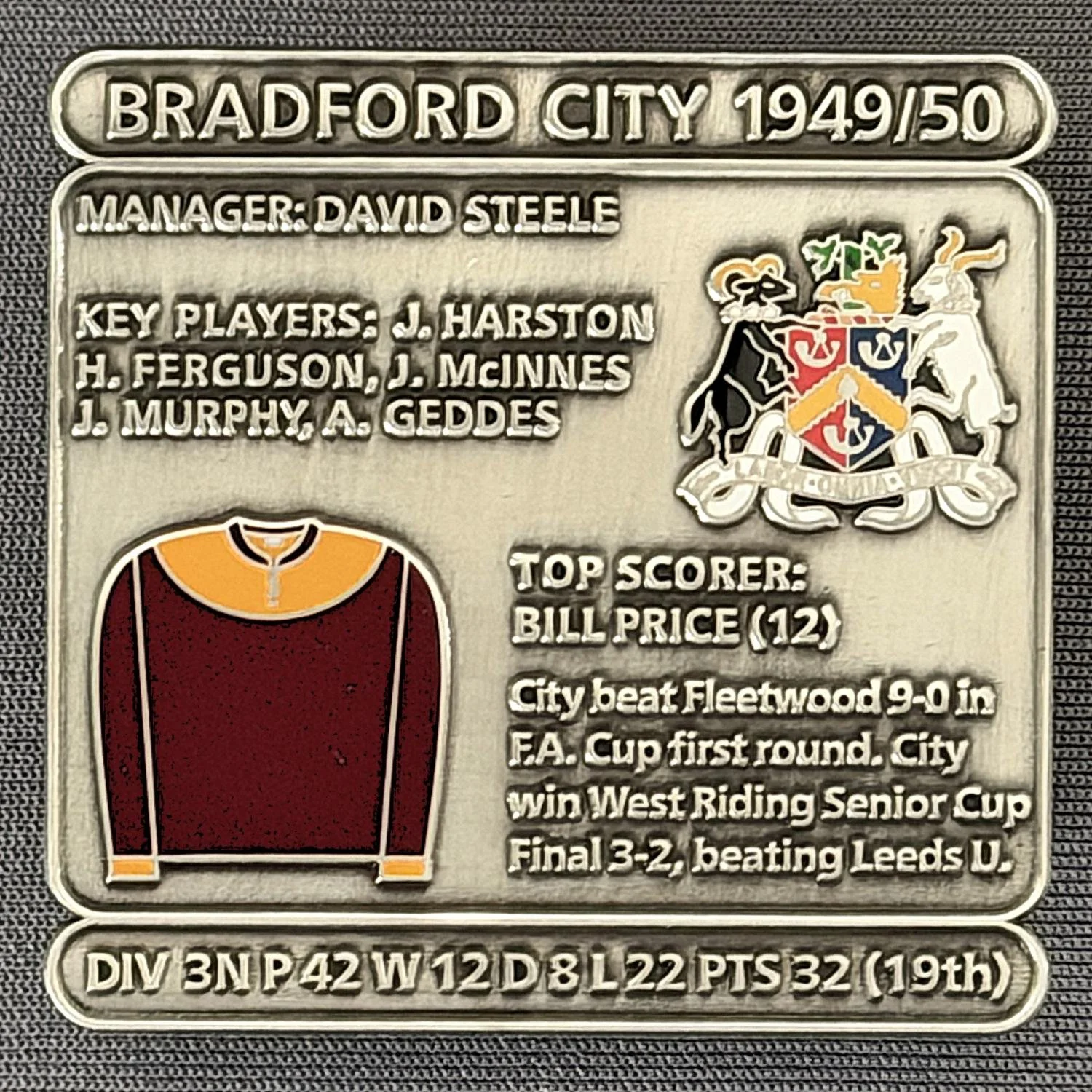 Reference Number: BCDEC096
Size: H 41.1 mm x W 42 mm
Pin Type: Double Metal Clutch
Plating: Antique Silver
Value: £8
Manufacturer: Historic Sports Badges Ltd
Comments: 1949/50 Season