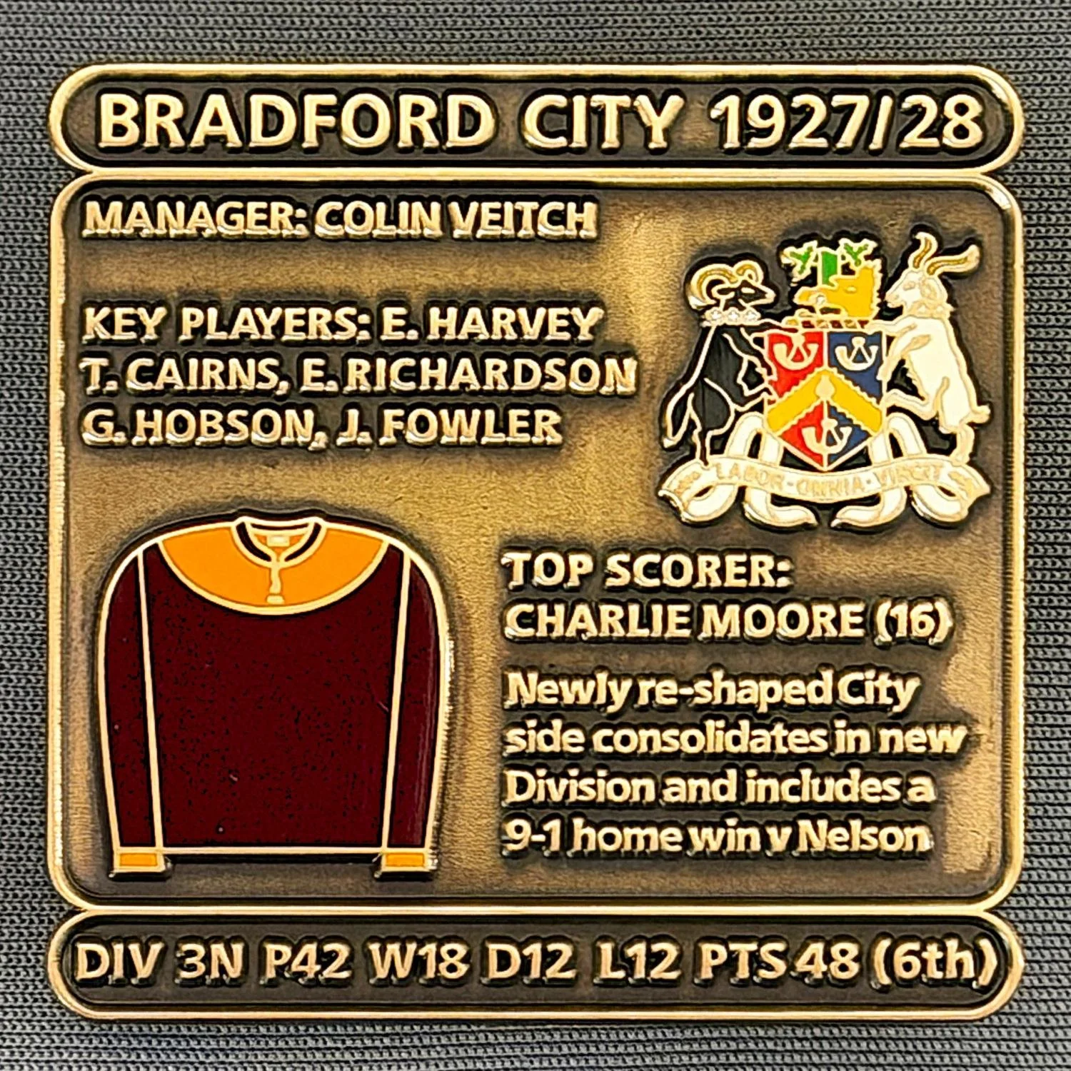 Reference Number: BCDEC044
Size: H 41.1 mm x W 42 mm
Pin Type: Double Metal Clutch
Plating: Antique Gold
Value: £8
Manufacturer: Historic Sports Badges Ltd
Comments: 1927/28 Season