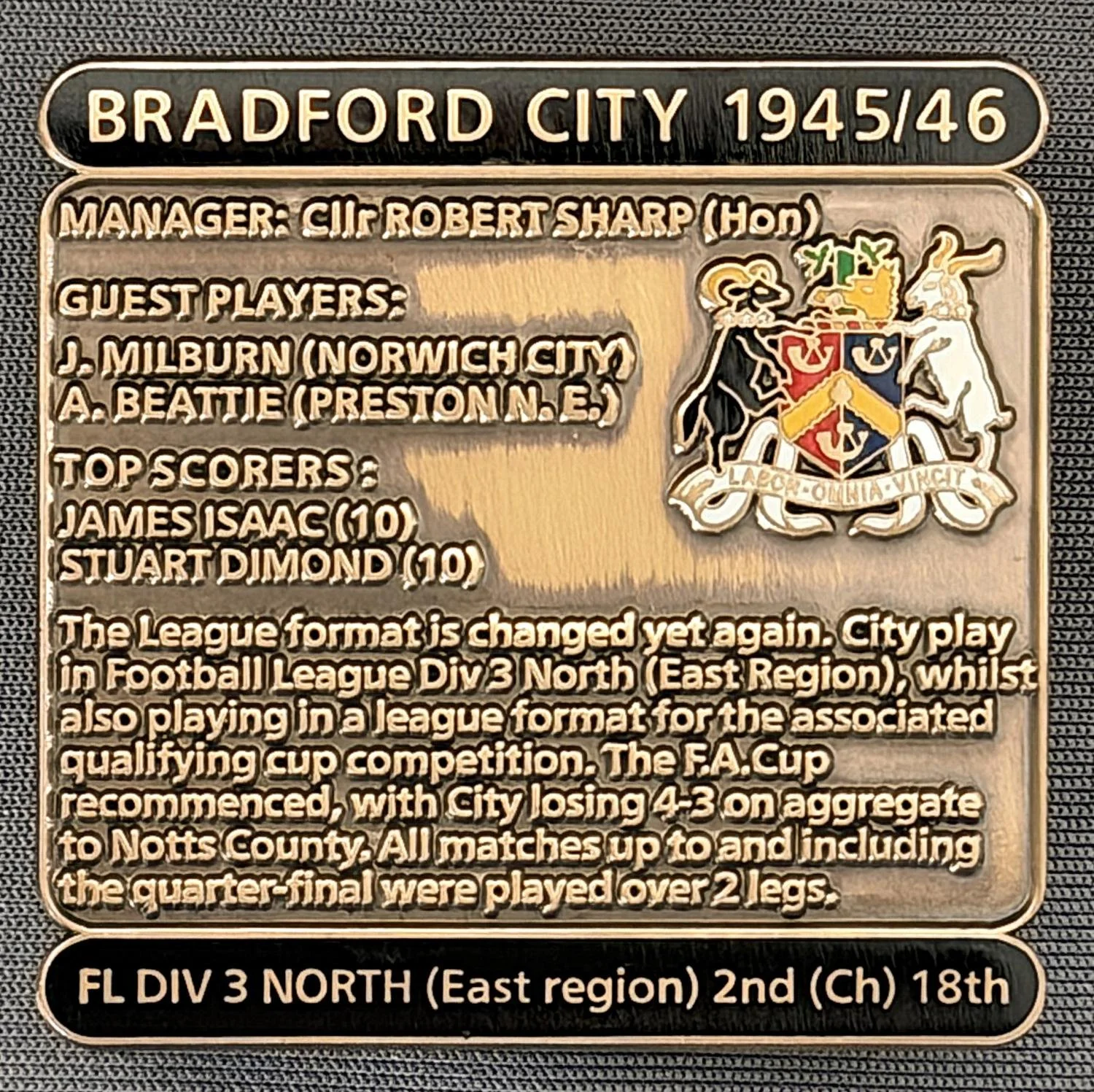 Reference Number: BCDEC082
Size: H 41.1 mm x W 42 mm
Pin Type: Double Metal Clutch
Plating: Antique Gold
Value: £8
Manufacturer: Historic Sports Badges Ltd
Comments: 1945/46 Season. World War 2.