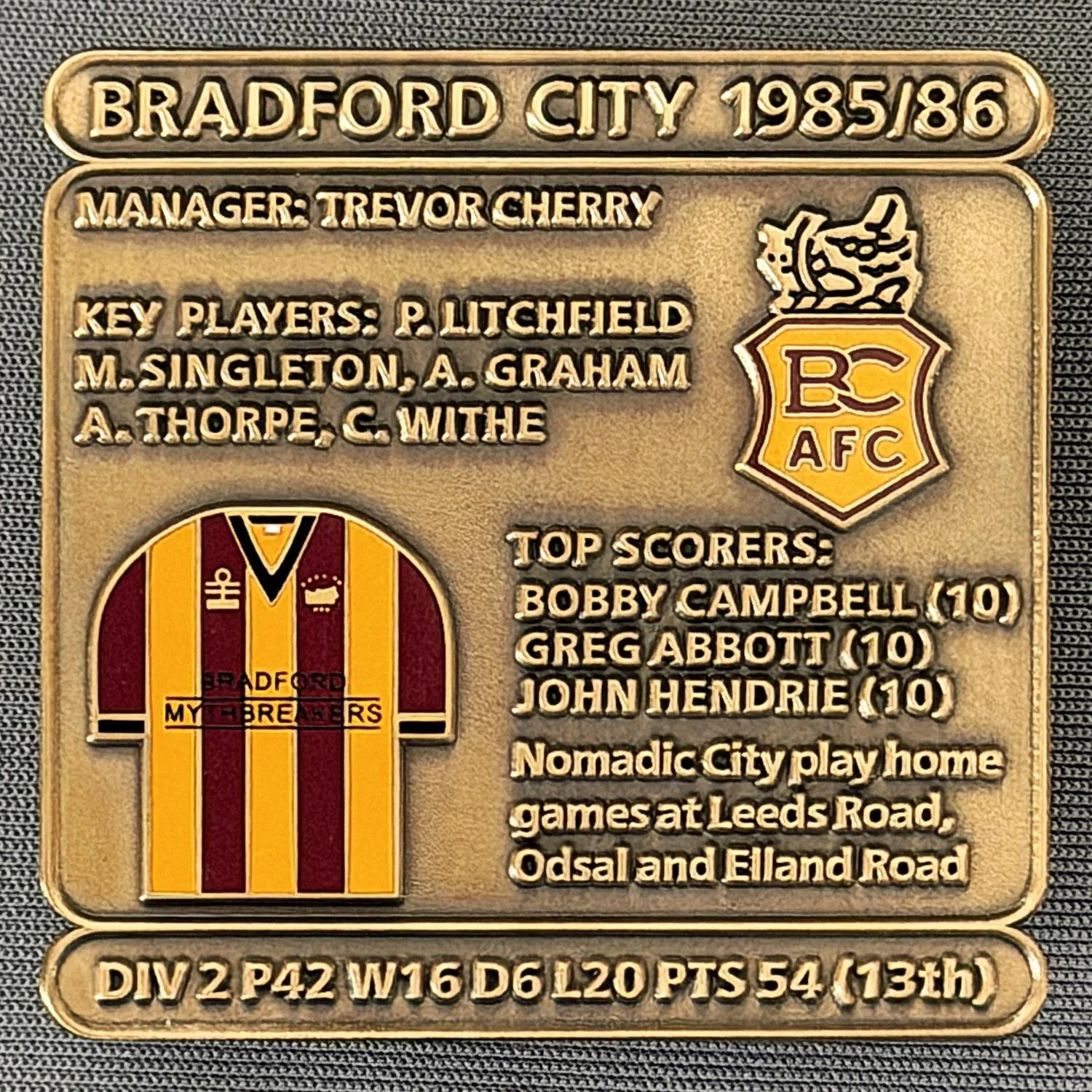 Reference Number: BCDEC162
Size: H 41.1 mm x W 42 mm
Pin Type: Double Metal Clutch
Plating: Antique Gold
Value: £8
Manufacturer: Historic Sports Badges Ltd
Comments: 1985/86 Season