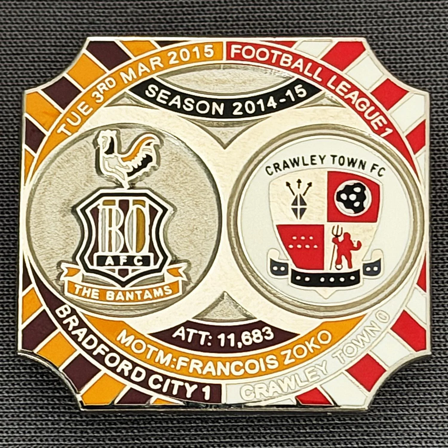 Reference Number: BCFIX293
Size: H 26.8 mm x W 28.8 mm
Pin Type: Brooch Pin
Plating: Nickel
Value: £10
Manufacturer: Bradford City Badges
Comments: Bradford City v Crawley Town 2014/15, Limited Edition of 10 Badges (Nickel Version)