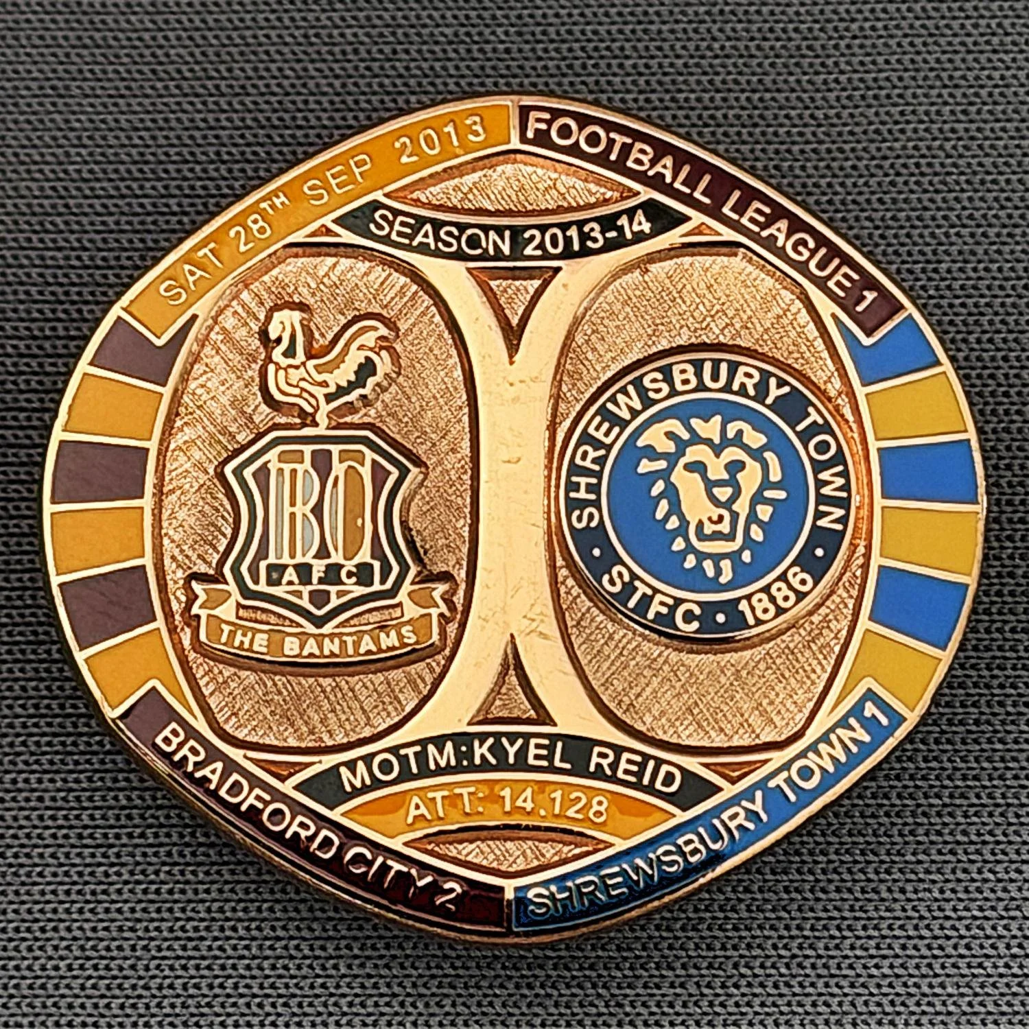 Reference Number: BCFIX235
Size: H 26.3 mm x W 28.9 mm
Pin Type: Brooch Pin
Plating: Copper
Value: £12
Manufacturer: Bradford City Badges
Comments: Bradford City v Shrewsbury Town 2013/14  Limited Edition of 1 Badge (Copper Version)