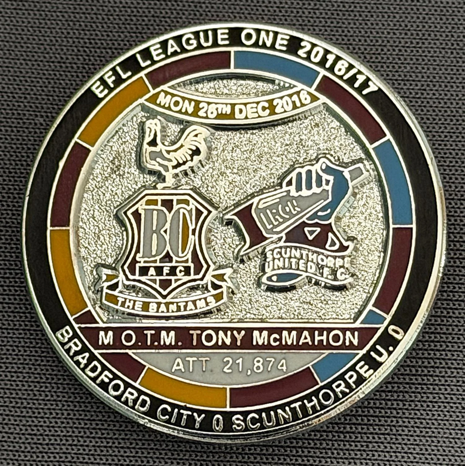 Reference Number: BCFIX403
Size: D 29.4 mm
Pin Type: Brooch Pin
Plating: Nickel
Value: £10
Manufacturer: Bradford City Badges
Comments: Bradford City v Scunthorpe United 2016/17, Limited Edition of 10 Badges (Nickel Version)