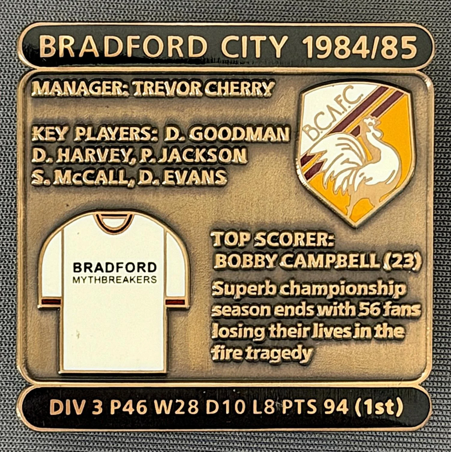Reference Number: BCDEC161
Size: H 41.1 mm x W 42 mm
Pin Type: Double Metal Clutch
Plating: Antique Gold
Value: £8
Manufacturer: Historic Sports Badges Ltd
Comments: 1980/81 Season, Bradford City Fire