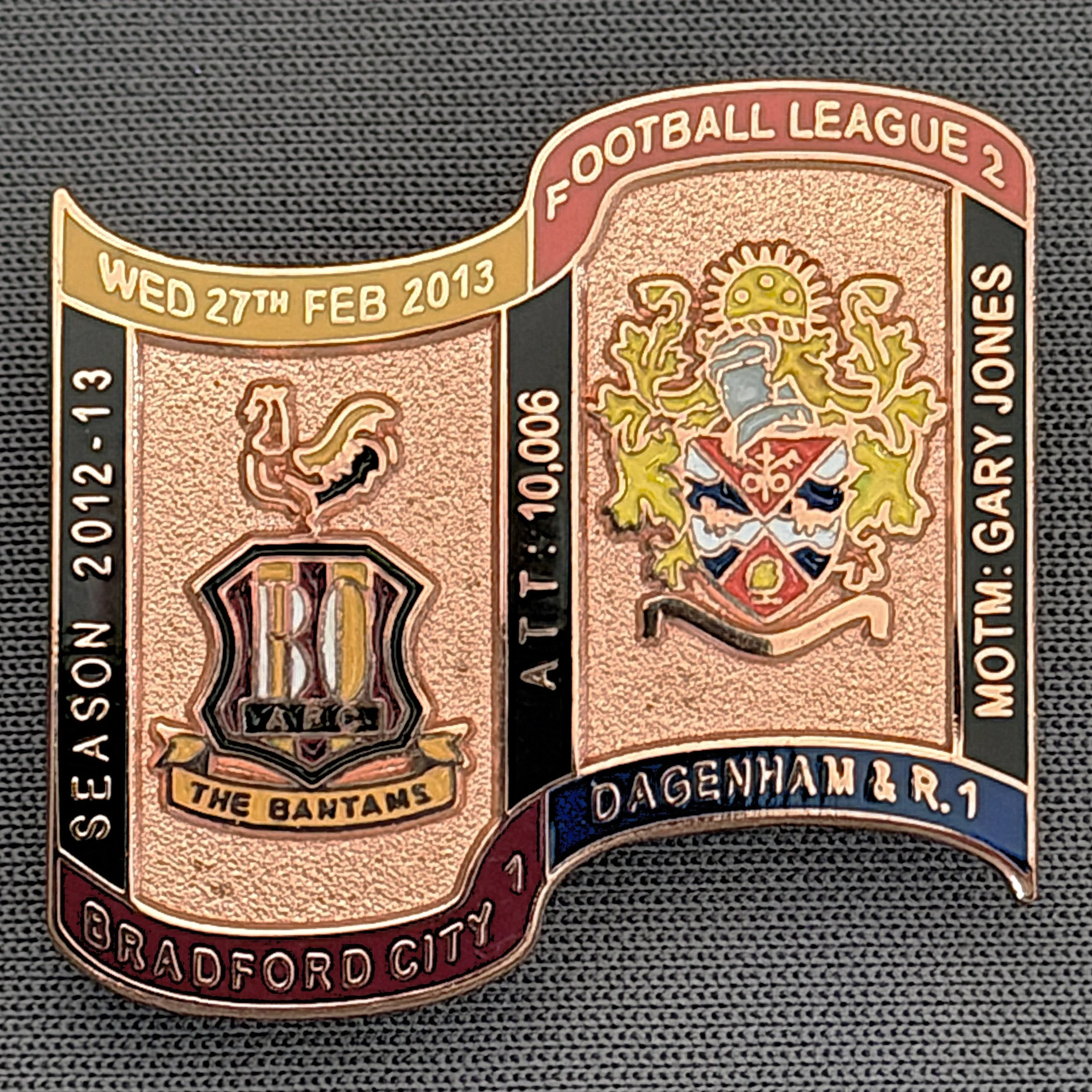 Reference Number: BCFIX177
Size: H 26.9 mm x W 29.2 mm
Pin Type: Brooch Pin
Plating: Copper
Value: £12
Manufacturer: Bradford City Badges
Comments: Bradford City v Dagenham & Redbridge 2012/13 Limited Edition 1 Badge (Copper Version)