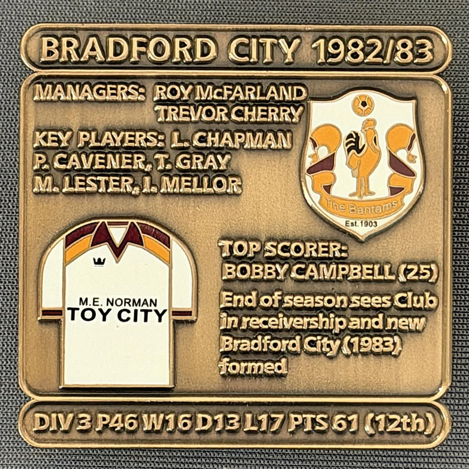 Reference Number: BCDEC159
Size: H 41.1 mm x W 42 mm
Pin Type: Double Metal Clutch
Plating: Antique Gold
Value: £8
Manufacturer: Historic Sports Badges Ltd
Comments: 1982/83 Season