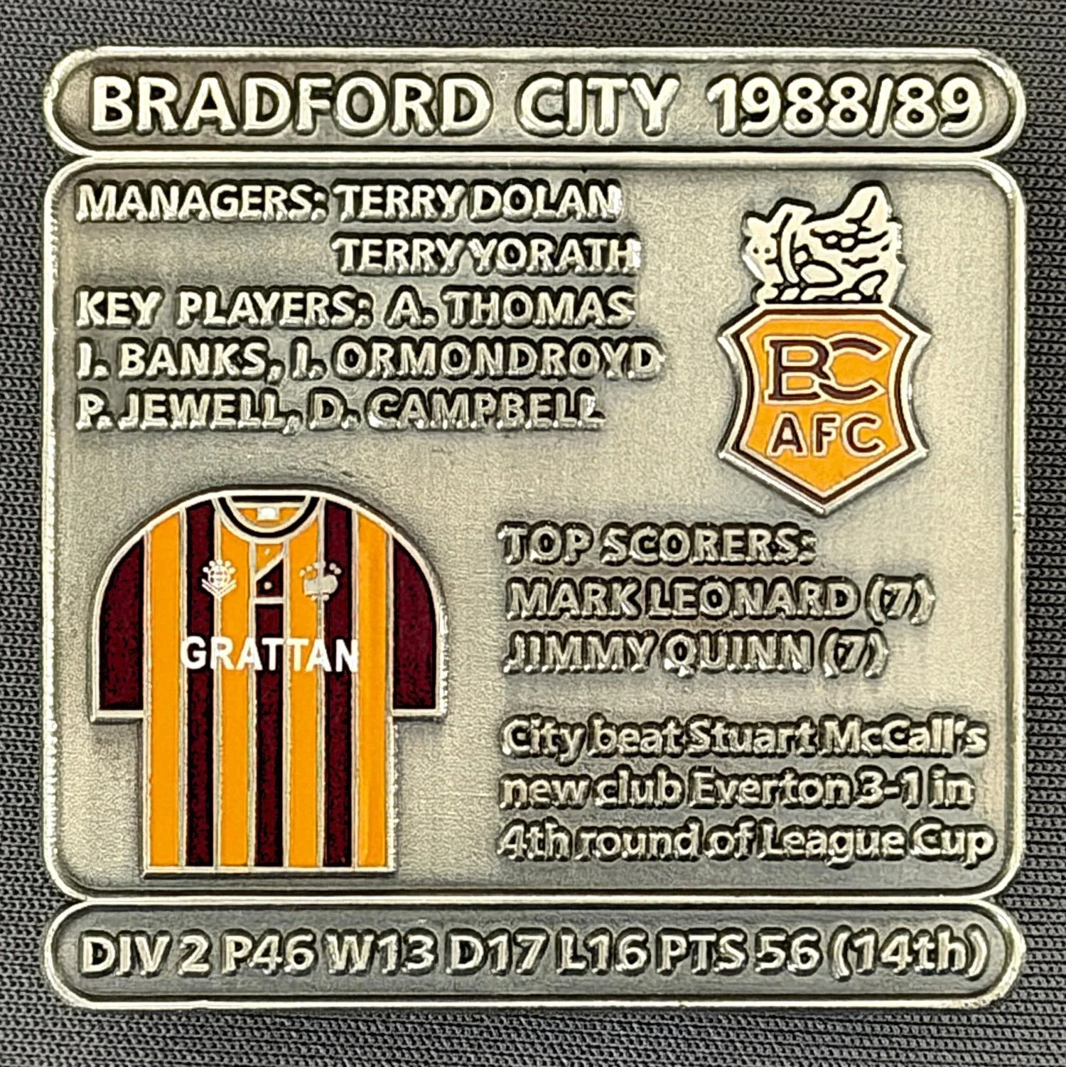 Reference Number: BCDEC175
Size: H 41.1 mm x W 42 mm
Pin Type: Double Metal Clutch
Plating: Antique Silver
Value: £8
Manufacturer: Historic Sports Badges Ltd
Comments: 1988/89 Season