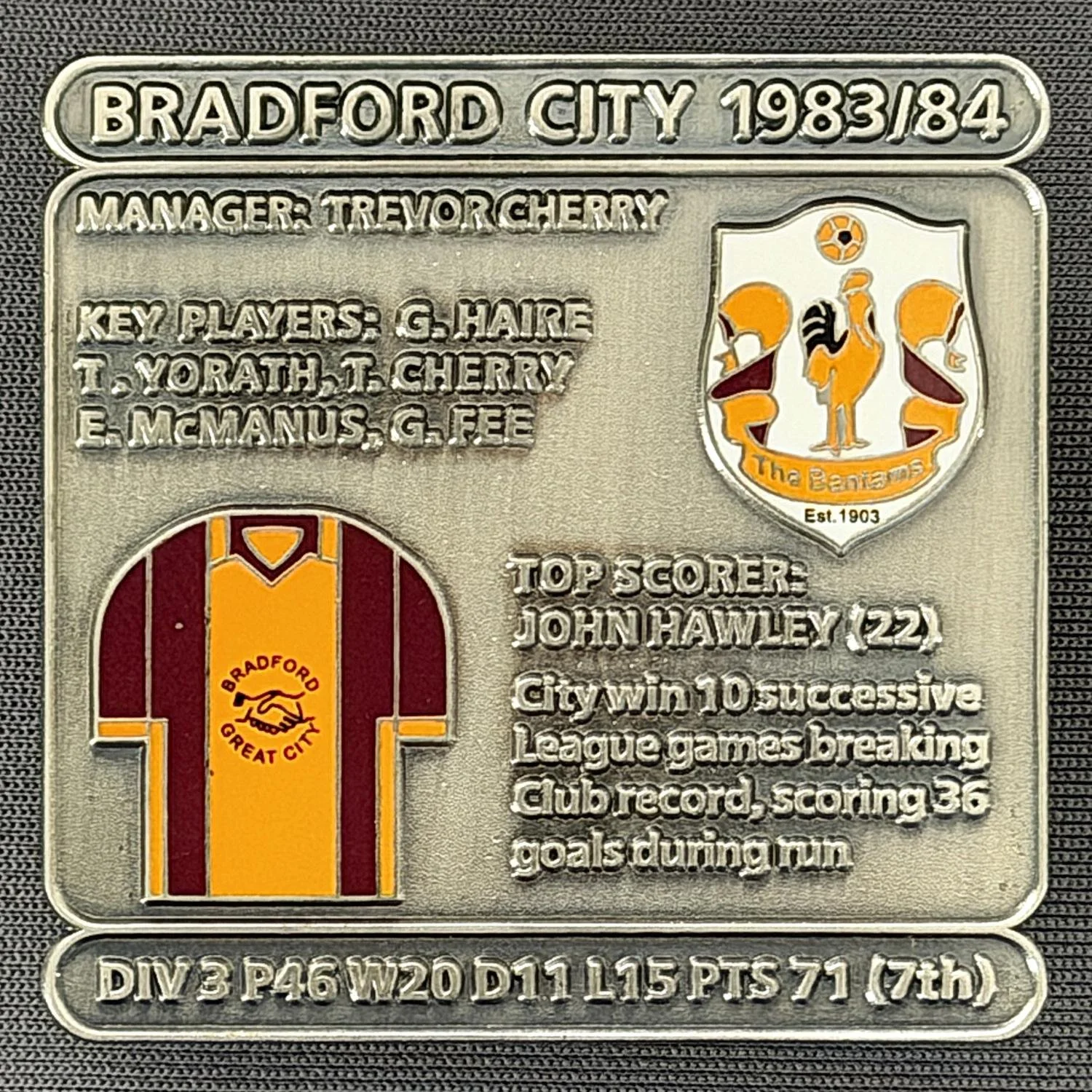 Reference Number: BCDEC170
Size: H 41.1 mm x W 42 mm
Pin Type: Double Metal Clutch
Plating: Antique Silver
Value: £8
Manufacturer: Historic Sports Badges Ltd
Comments: 1983/84 Season