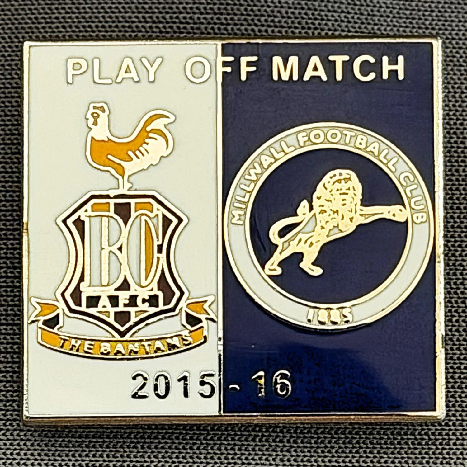 Reference Number: BCOFIX039
Size: H 22.7 mm x W 24.7 mm
Pin Type: Brooch Pin
Plating: Silver
Value: £6
Manufacturer: Unknown
Comments: Play Off Semi Final City v Millwall 2016, White & Blue Version