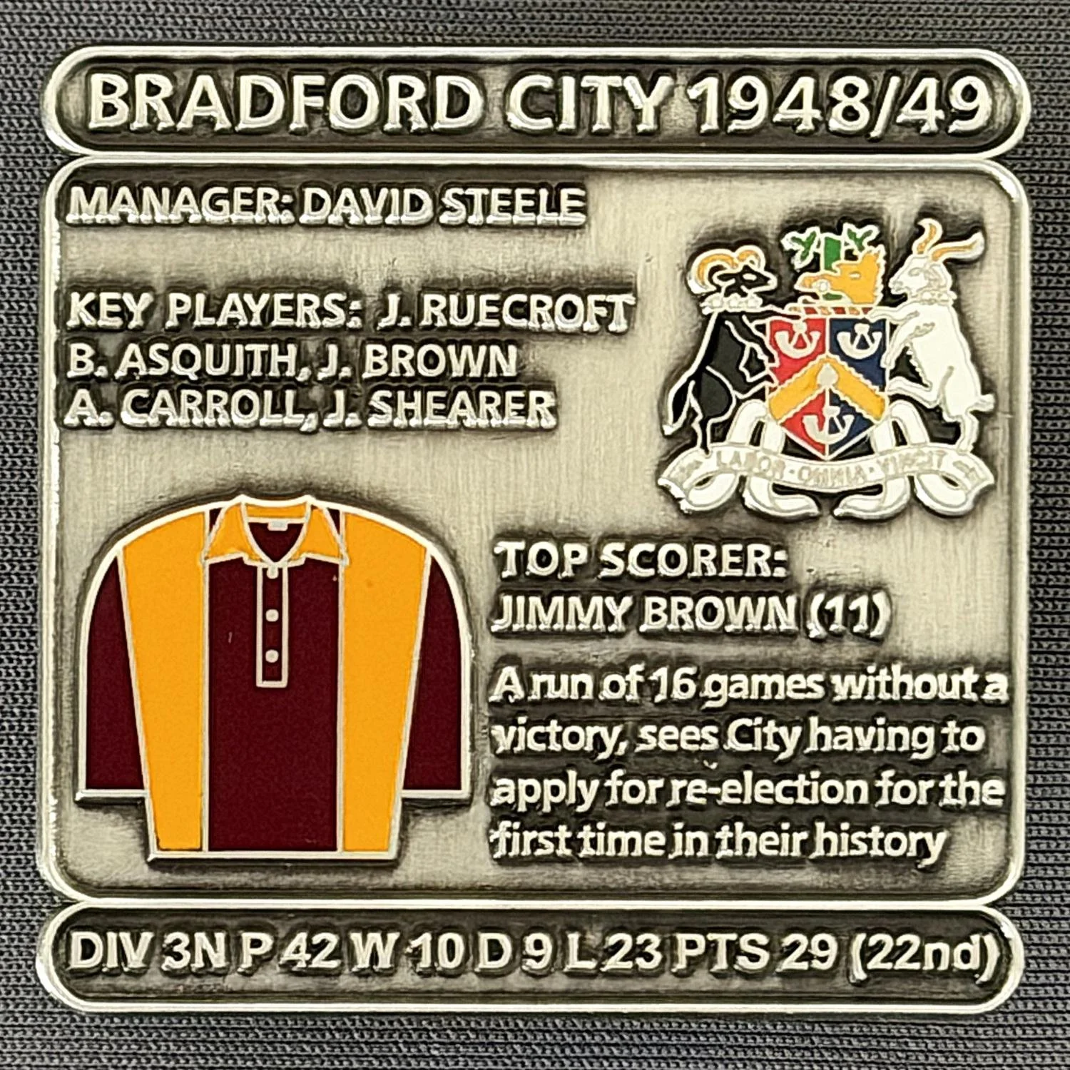 Reference Number: BCDEC095
Size: H 41.1 mm x W 42 mm
Pin Type: Double Metal Clutch
Plating: Antique Silver
Value: £8
Manufacturer: Historic Sports Badges Ltd
Comments: 1948/49 Season