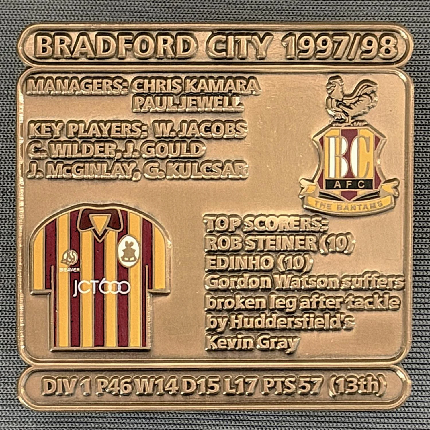 Reference Number: BCDEC184
Size: H 41.1 mm x W 42 mm
Pin Type: Double Metal Clutch
Plating: Antique Gold
Value: £8
Manufacturer: Historic Sports Badges Ltd
Comments: 1997/98 Season