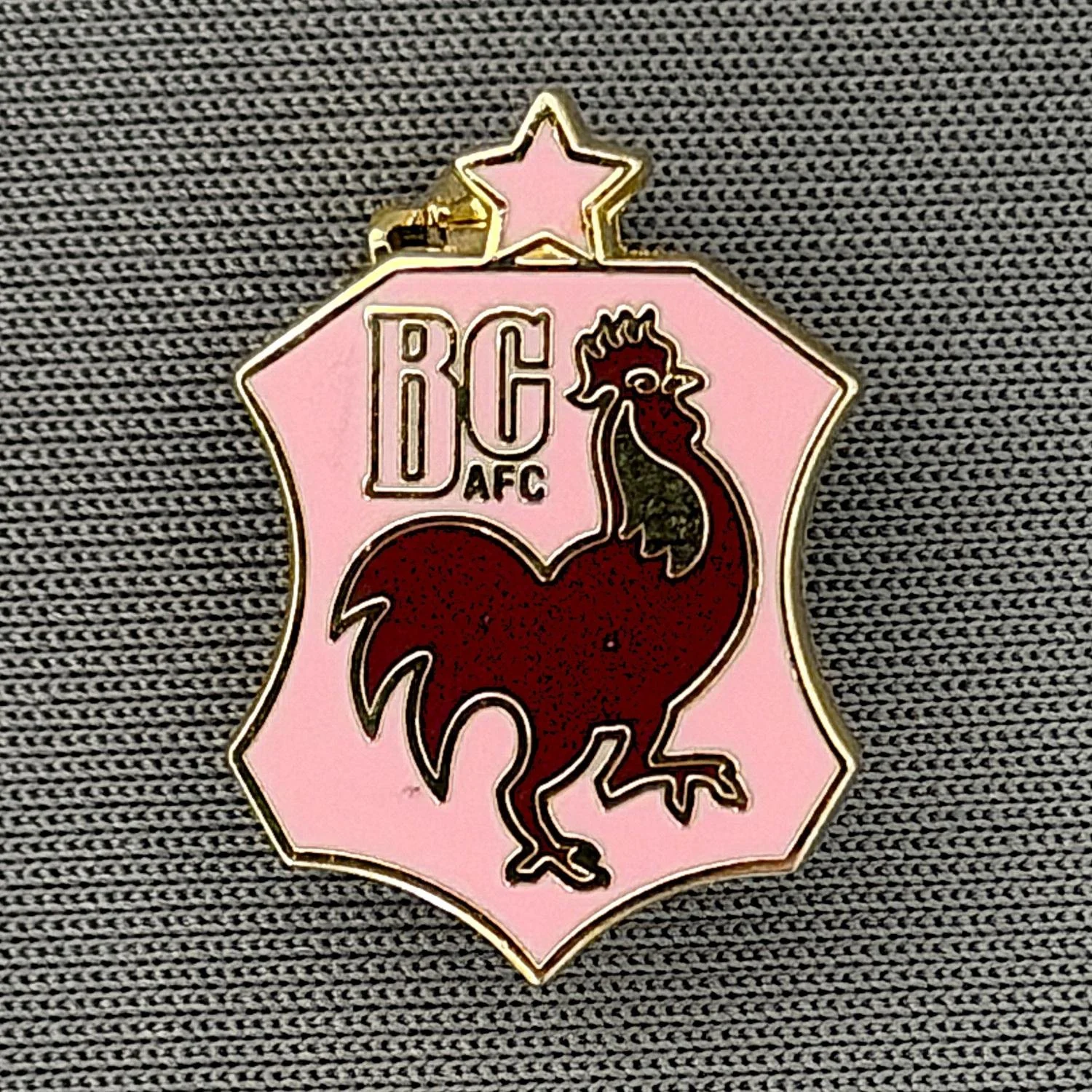 Reference Number: BCBAN042
Size: H 20 mm x W 14.2 mm
Pin Type: Brooch Pin
Plating: Gold
Value: £6
Manufacturer: Unknown
Comments: Pink & Claret, Bantam Crest Shield, Small Version