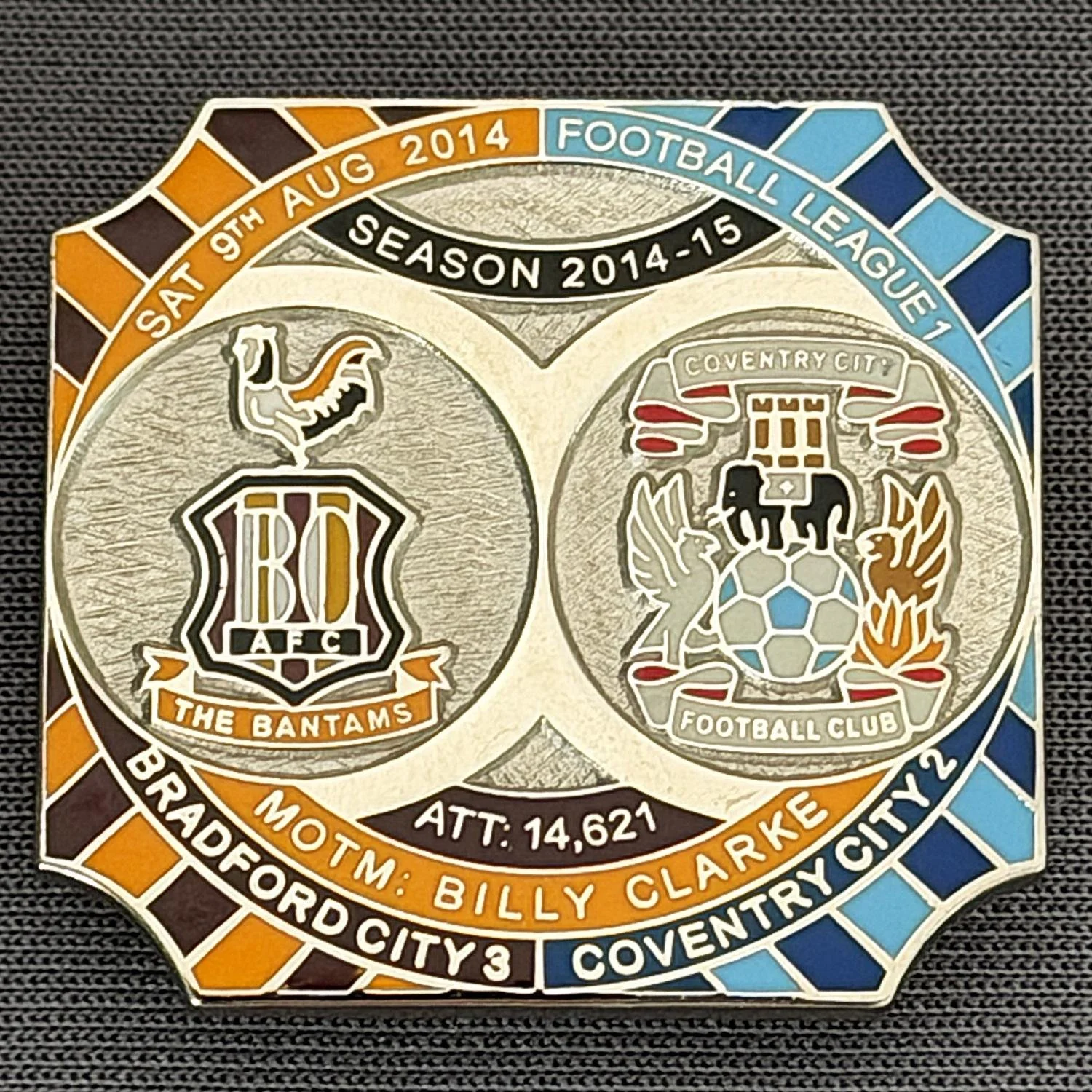 Reference Number: BCFIX277
Size: H 26.8 mm x W 28.8 mm
Pin Type: Brooch Pin
Plating: Nickel
Value: £10
Manufacturer: Bradford City Badges
Comments: Bradford City v Coventry City 2014/15, Limited Edition of 10 Badges (Nickel Version)