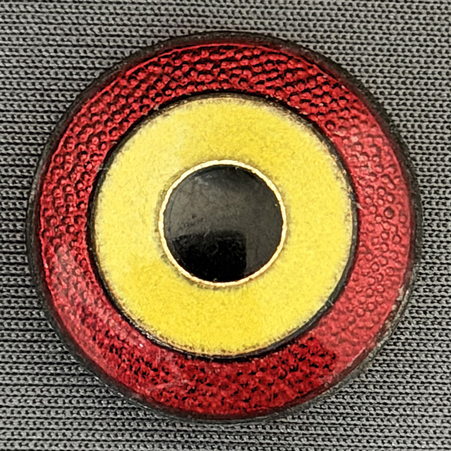 Reference Number: BCUN073
Size: D 22 mm
Pin Type: Brooch Pin
Plating: Gold
Value: £8
Manufacturer: Unknown
Comments:  Claret, Yellow and Black Roundel