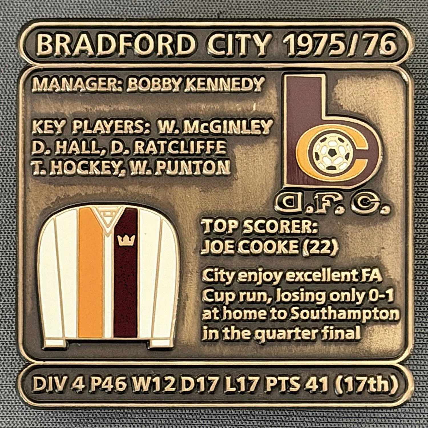 Reference Number: BCDEC142
Size: H 41.1 mm x W 42 mm
Pin Type: Double Metal Clutch
Plating: Antique Gold
Value: £8
Manufacturer: Historic Sports Badges Ltd
Comments: 1975/76 Season