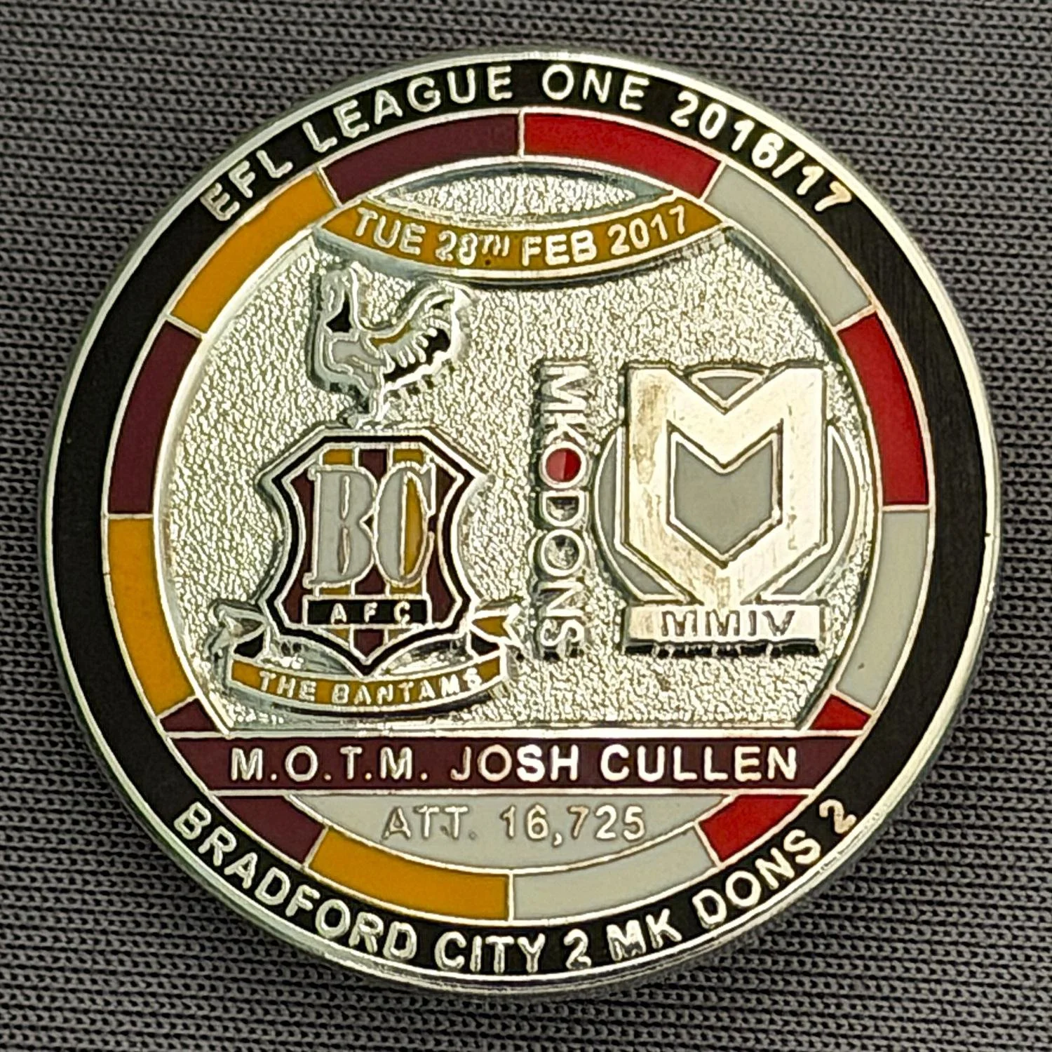 Reference Number: BCFIX409
Size: D 29.4 mm
Pin Type: Brooch Pin
Plating: Nickel
Value: £10
Manufacturer: Bradford City Badges
Comments: Bradford City v MK Dons 2016/17, Limited Edition of 10 Badges (Nickel Version)