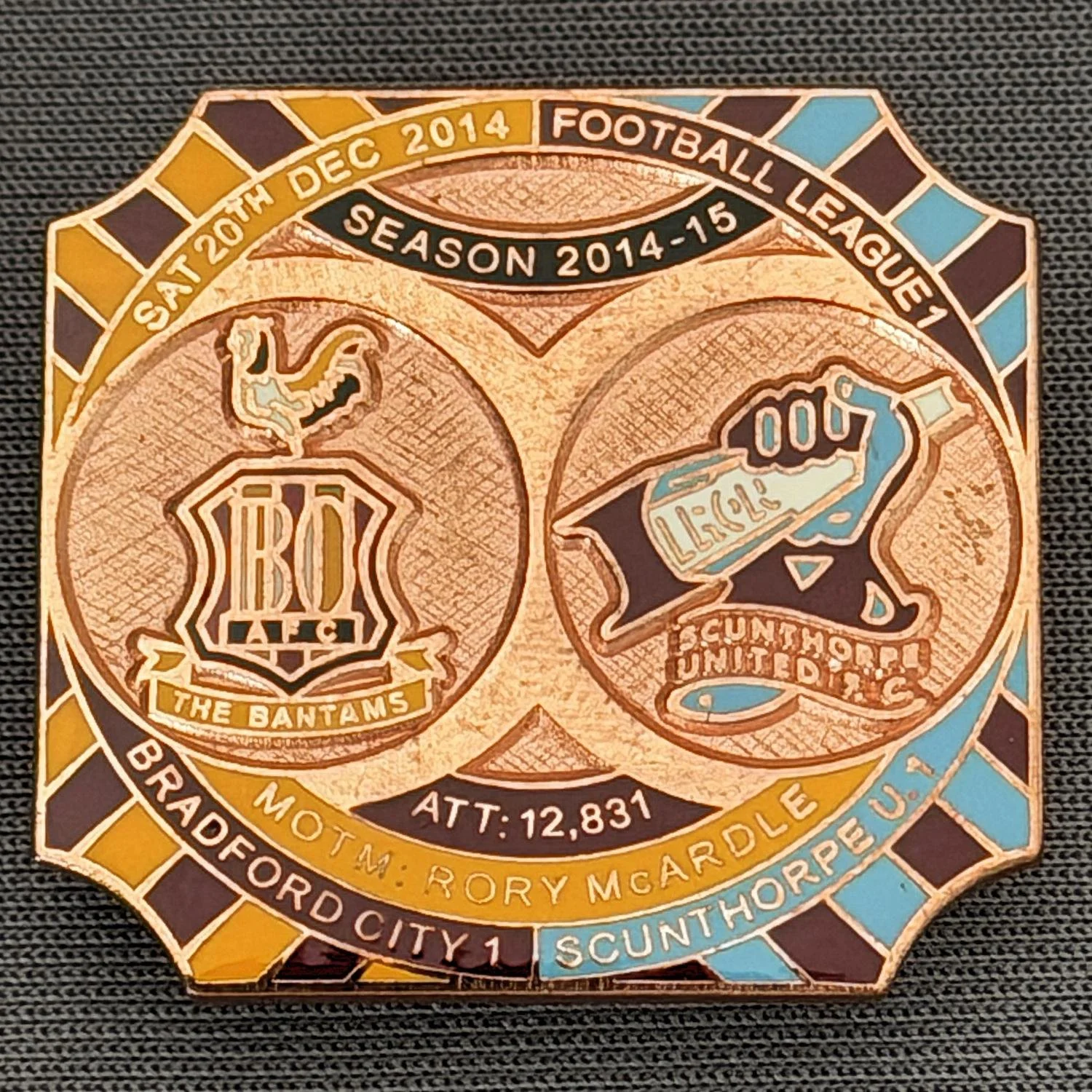 Reference Number: BCFIX311
Size: H 26.8 mm x W 28.8 mm
Pin Type: Brooch Pin
Plating: Copper
Value: £12
Manufacturer: Bradford City Badges
Comments: Bradford City v Scunthorpe 2014/15, Limited Edition of 1 Badge (Copper Version)