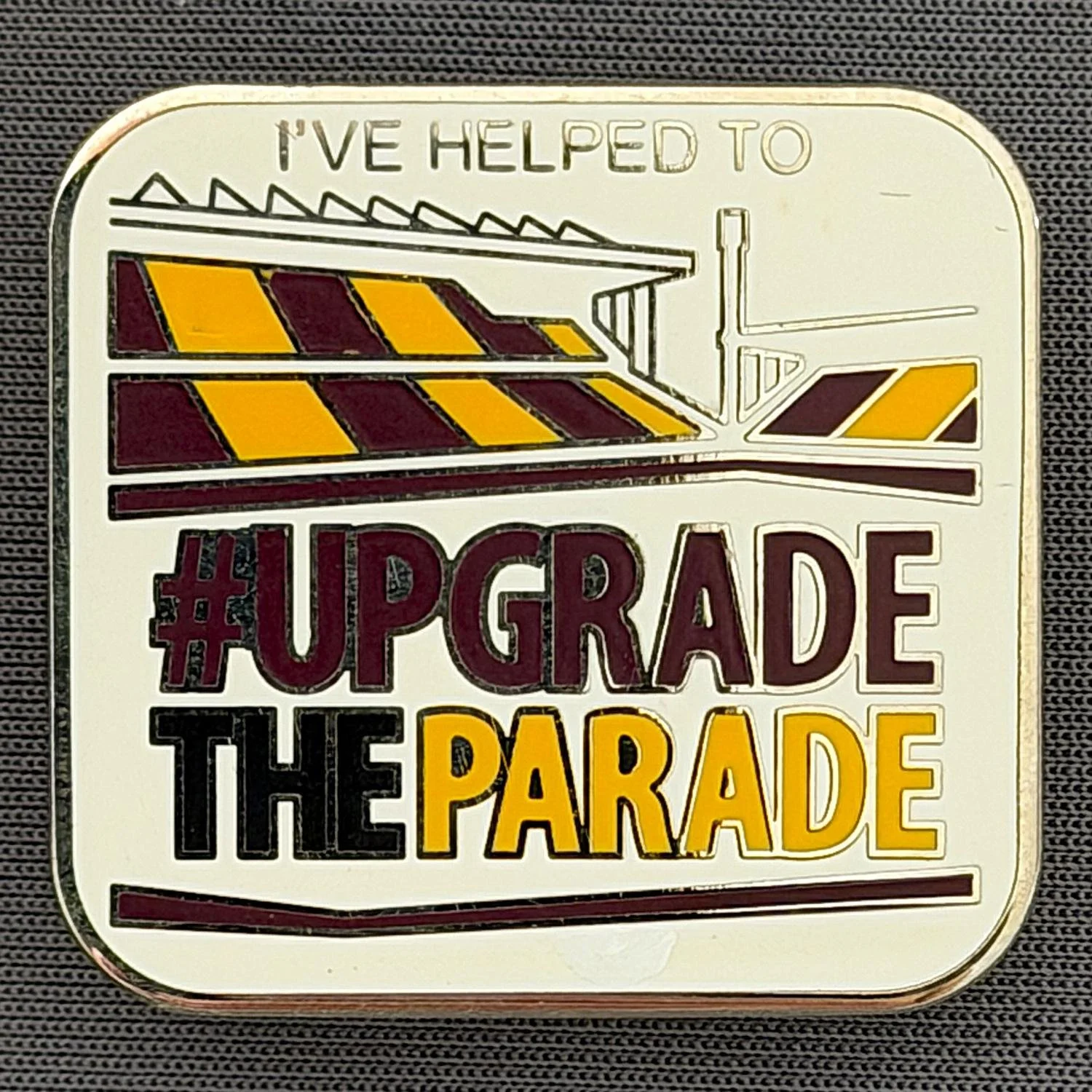Reference Number: BCEVE079
Size: H 30.4 mm x W 32.3 mm
Pin Type: Metal Clutch
Plating: Silver
Value: £8
Manufacturer: Bradford City Badges
Comments: Appeal to Upgrade Valley Parade. Boxed Set Limited Edition of 100