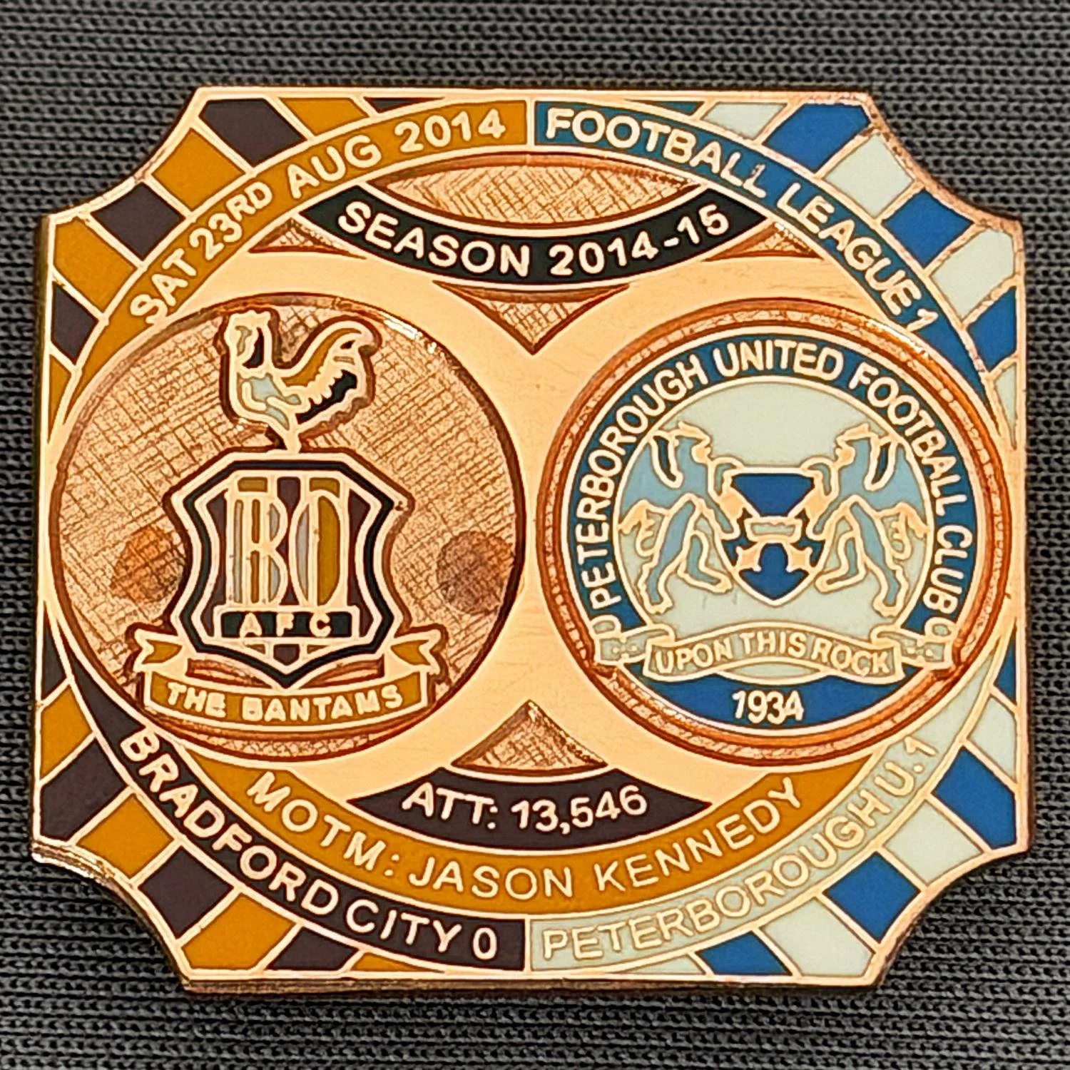 Reference Number: BCFIX301
Size: H 26.8 mm x W 28.8 mm
Pin Type: Brooch Pin
Plating: Copper
Value: £12
Manufacturer: Bradford City Badges
Comments: Bradford City v Peterborough 2014/15, Limited Edition of 1 Badge (Copper Version)