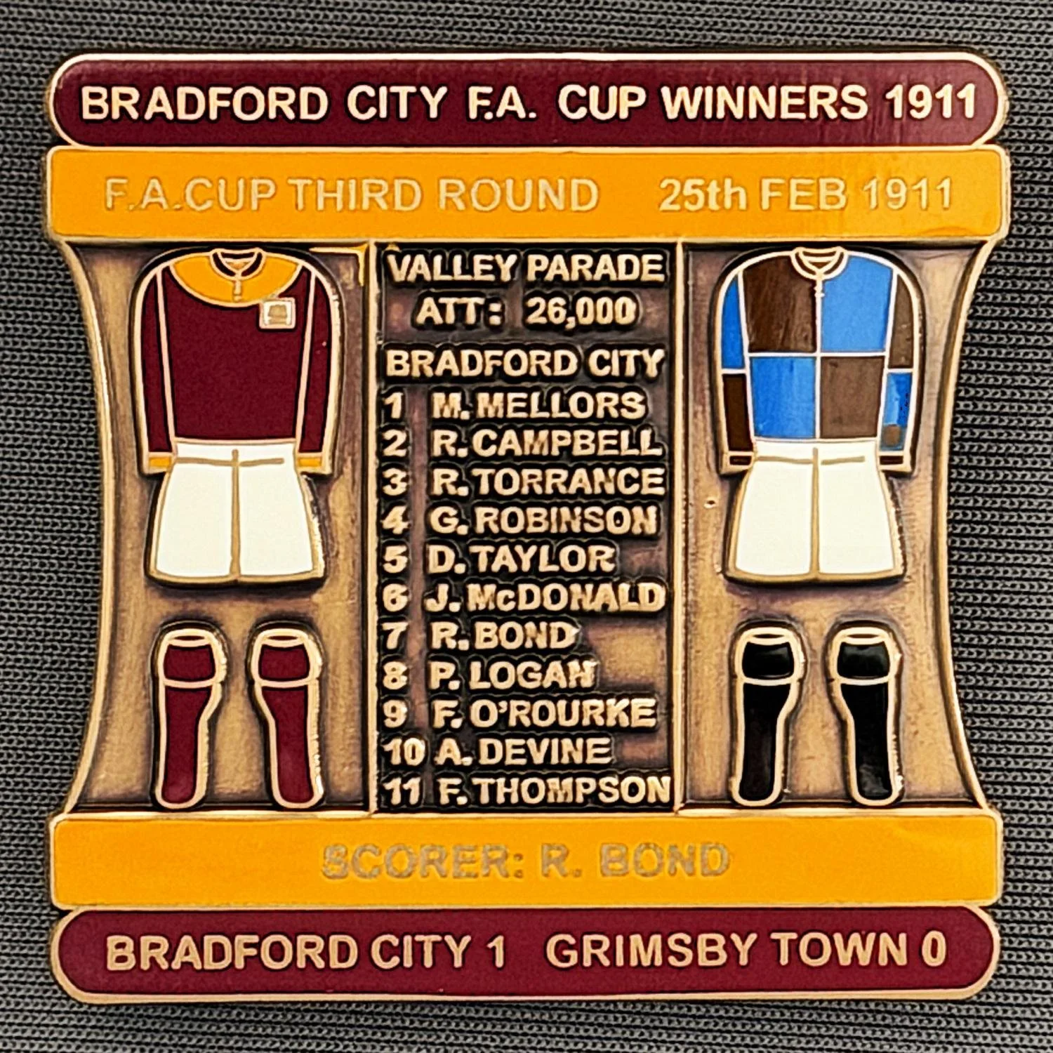 Reference Number: BCFAC019
Size: H 41.8 mm x W 42.2 mm
Pin Type: Double Metal Clutch
Plating: Antique Gold
Value: £15
Manufacturer: Bradford City Badges
Comments: 1911 F.A. Cup Third Round v Grimsby, Claret & Amber Enamel, Limited Edition of 1