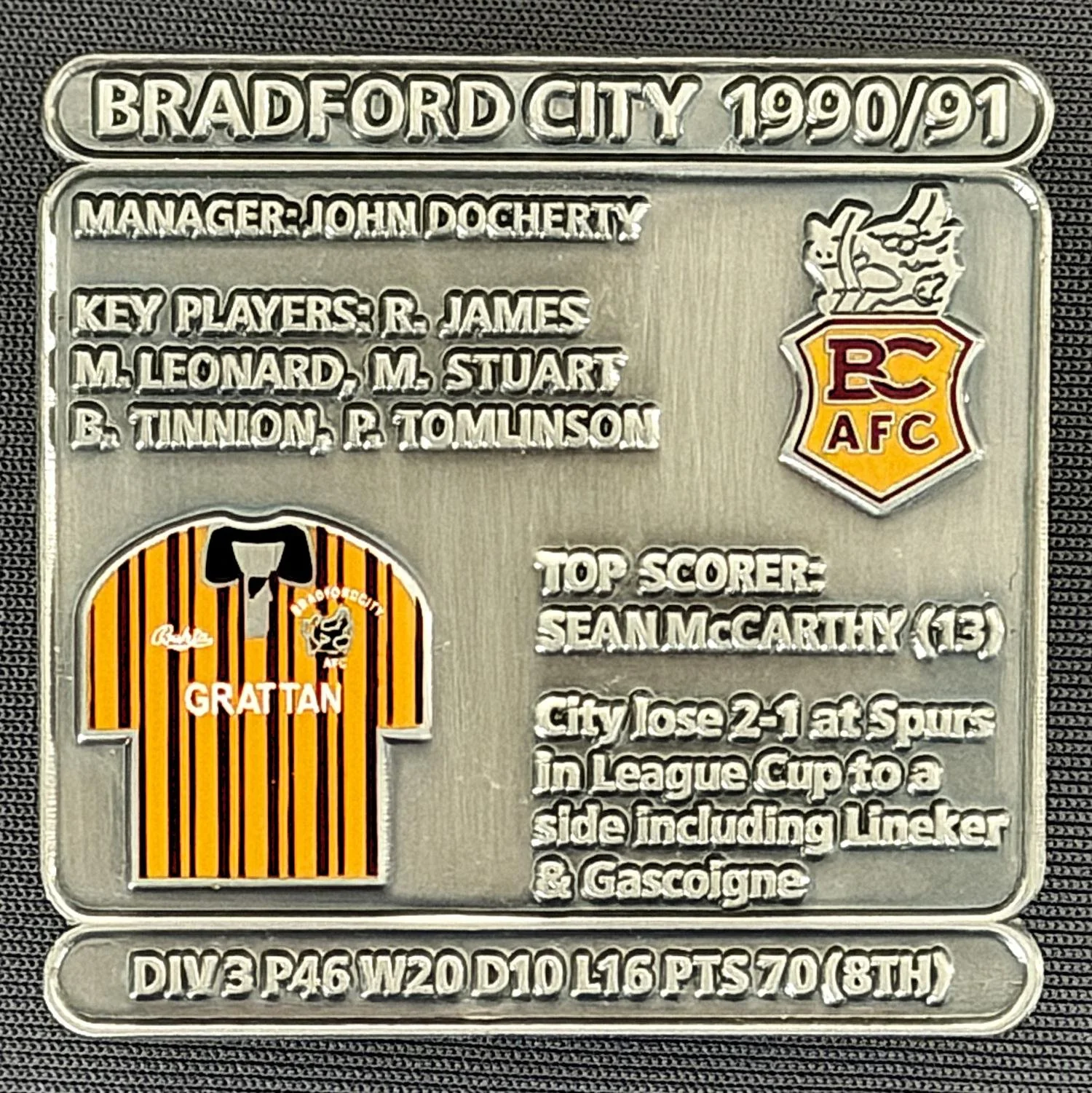 Reference Number: BCDEC187
Size: H 41.1 mm x W 42 mm
Pin Type: Double Metal Clutch
Plating: Antique Silver
Value: £8
Manufacturer: Historic Sports Badges Ltd
Comments: 1990/91 Season