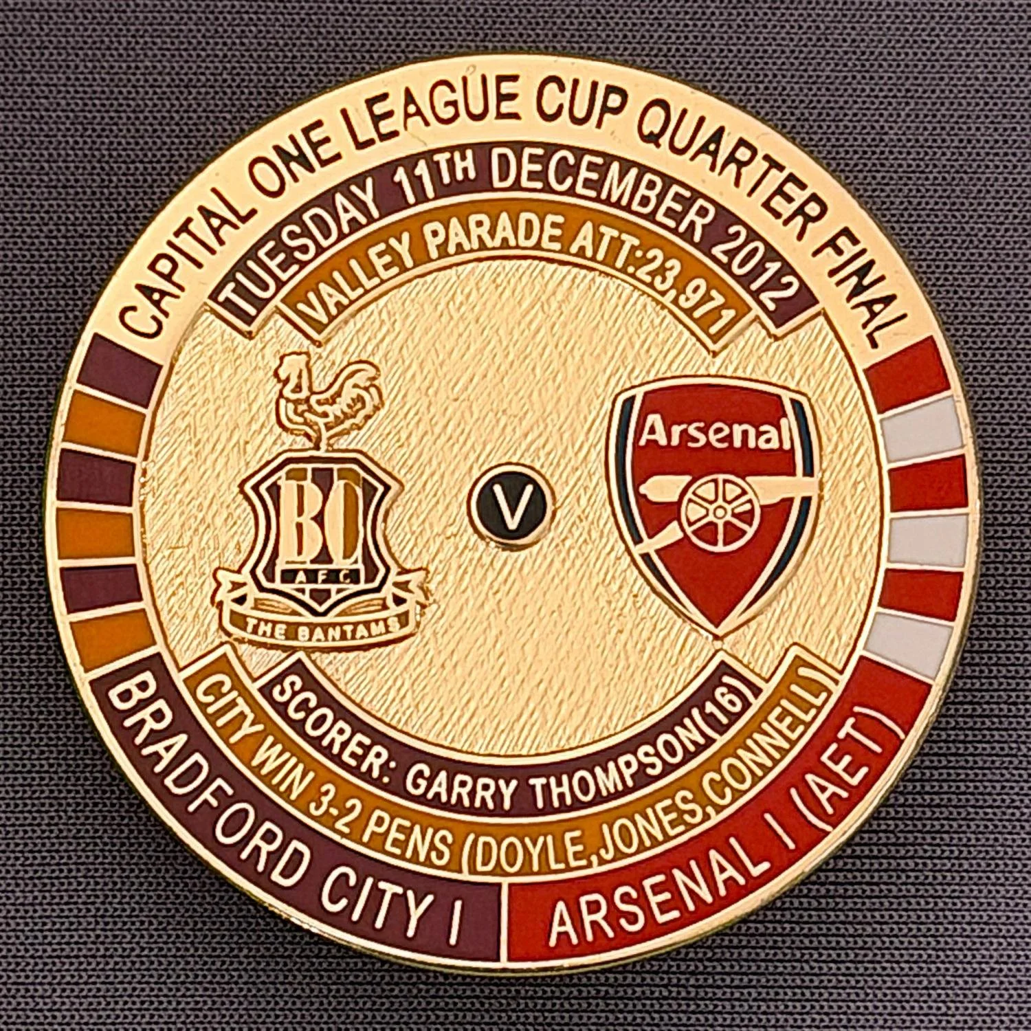 Reference Number: BCLCP037
Size: D 42.5 mm
Pin Type: Double Metal Clutch
Plating: Gold
Value: £12
Manufacturer: Bradford City Badges
Comments: Bradford City v Arsenal Capital One Cup Quarter Final 2012