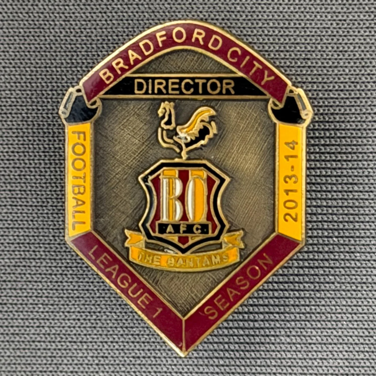 Reference Number: BCDIR004
Size: H 25.5 mm x W 19.5 mm
Pin Type: Brooch Pin
Plating: Antique Bronze
Value: £30
Manufacturer: Bradford City Badges
Comments: Worn by Associate Directors