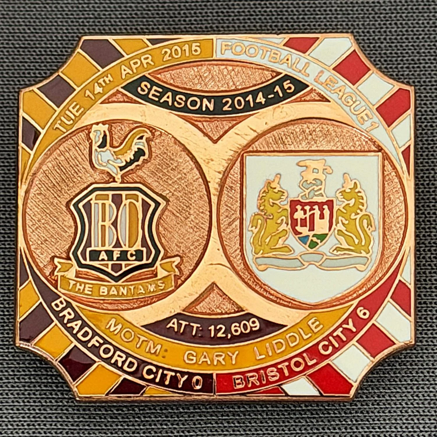 Reference Number: BCFIX321
Size: H 26.8 mm x W 28.8 mm
Pin Type: Brooch Pin
Plating: Copper
Value: £12
Manufacturer: Bradford City Badges
Comments: Bradford City v Bristol City  2014/15, Limited Edition of 1 Badge (Copper Version)