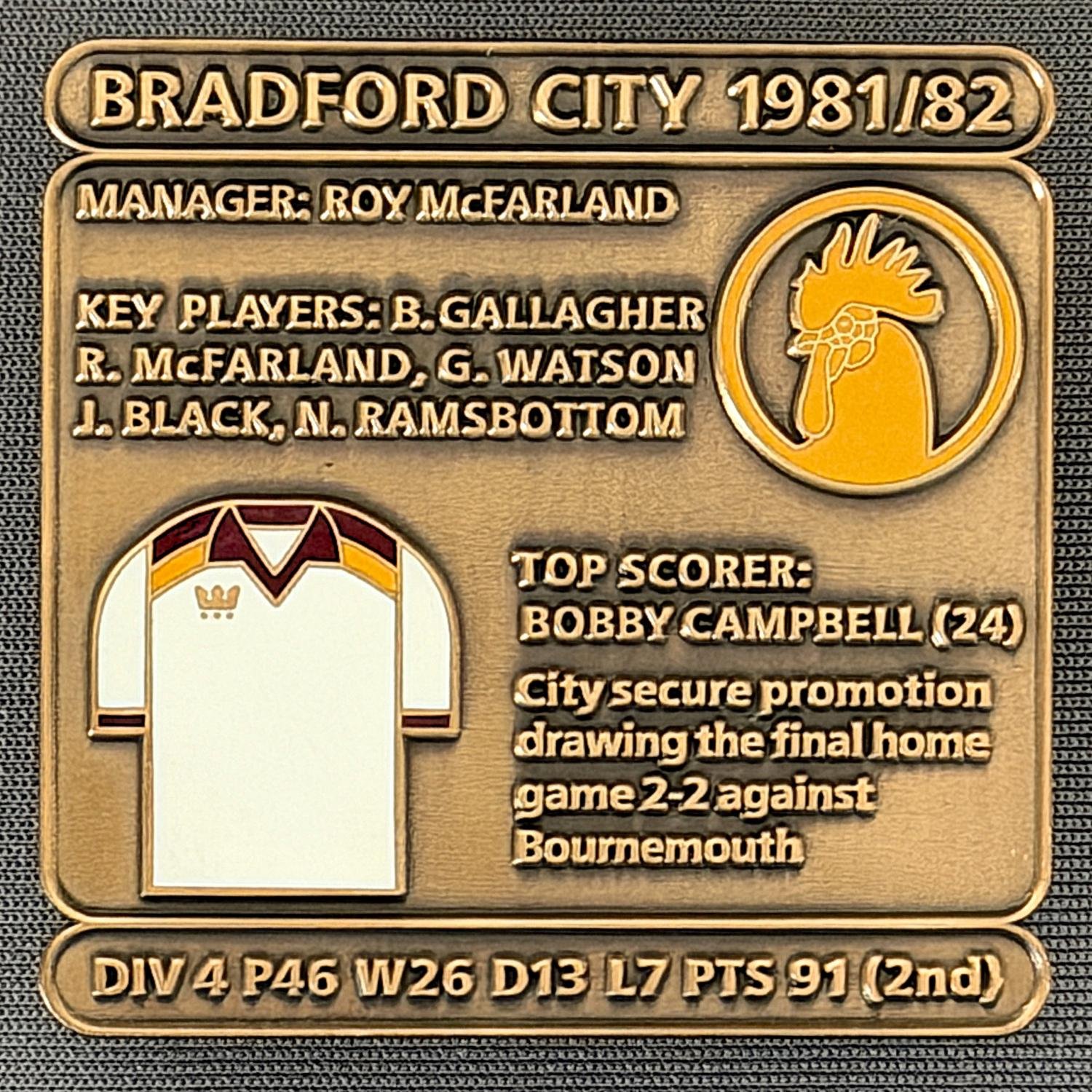 Reference Number: BCDEC158
Size: H 41.1 mm x W 42 mm
Pin Type: Double Metal Clutch
Plating: Antique Gold
Value: £8
Manufacturer: Historic Sports Badges Ltd
Comments: 1981/82 Promotion Season