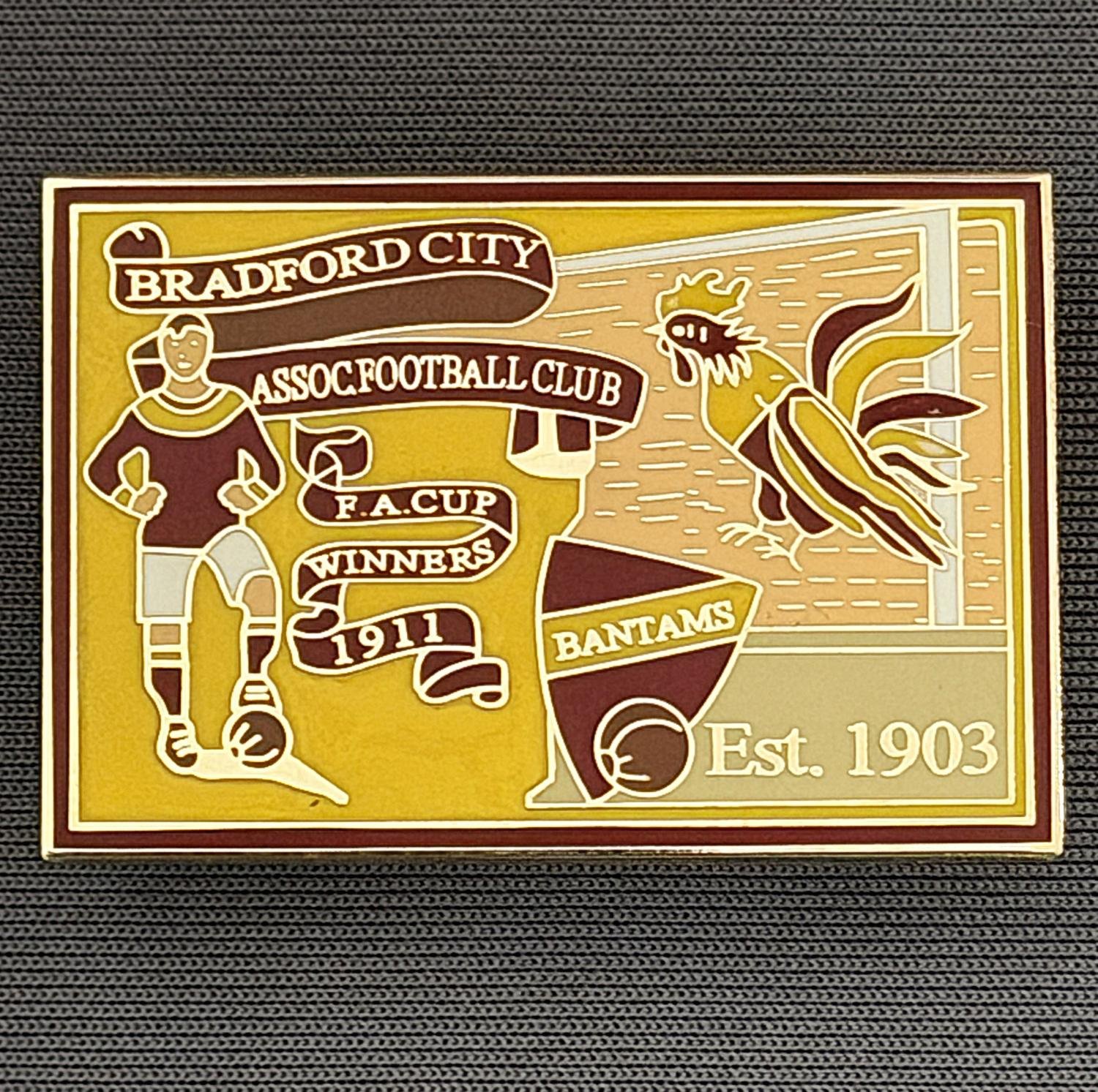 Reference Number: BCFAC027
Size: H 26.4 mm x W 38.4 mm
Pin Type: Double Metal Clutch
Plating: Gold
Value: £6
Manufacturer: Unknown
Comments: Bradford City Cup Winners 1911,  Amber & Claret Version