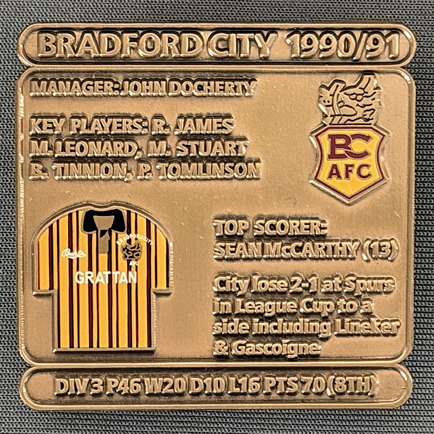 Reference Number: BCDEC177
Size: H 41.1 mm x W 42 mm
Pin Type: Double Metal Clutch
Plating: Antique Gold
Value: £8
Manufacturer: Historic Sports Badges Ltd
Comments: 1990/91 Season