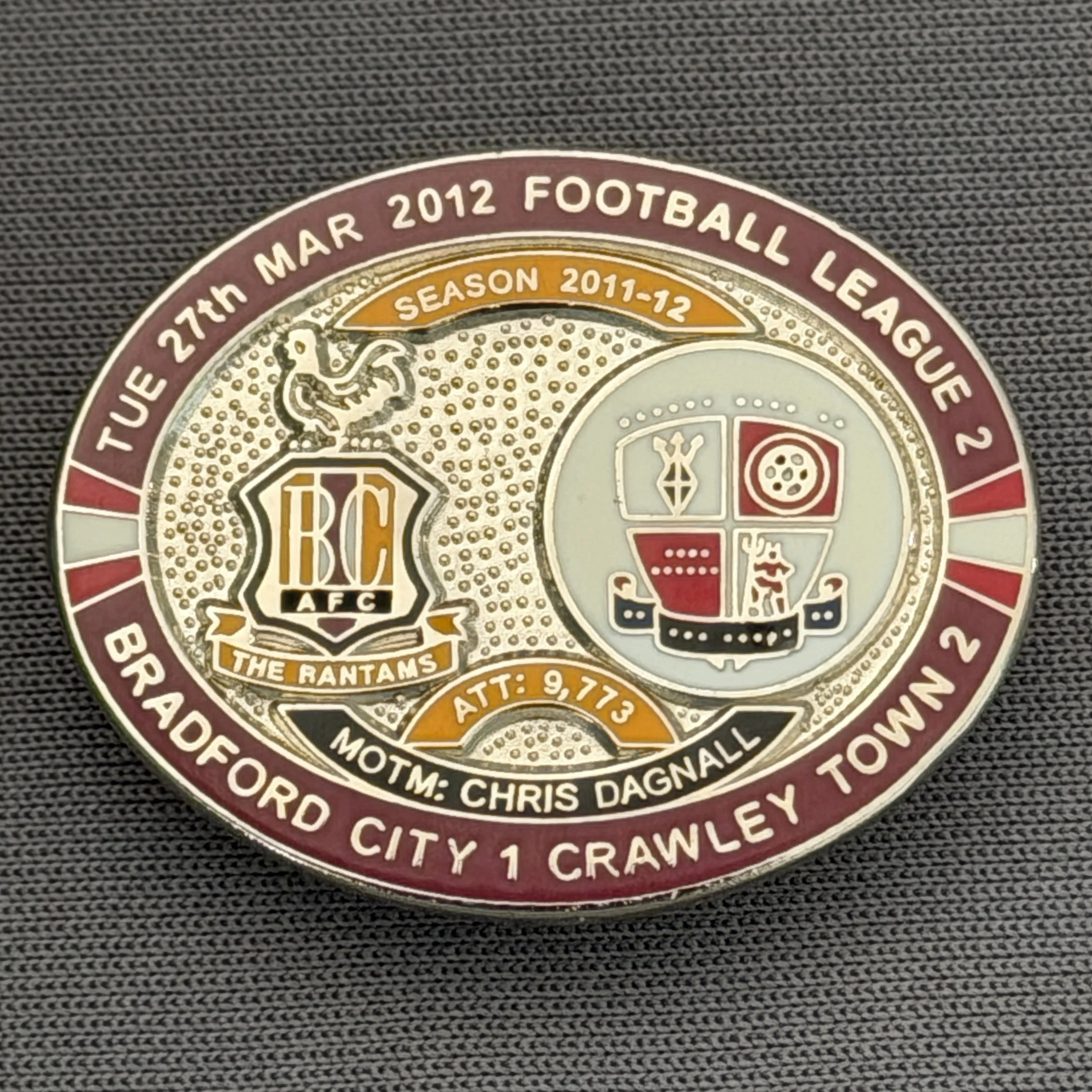 Reference Number: BCFIX112
Size: H 23.6 mm x W 28.7 mm
Pin Type: Brooch Pin
Plating: Silver
Value: £10
Manufacturer: Bradford City Badges
Comments: Bradford City v Crawley Town  2011/12 Limited Edition 20 Badges (Silver Version)