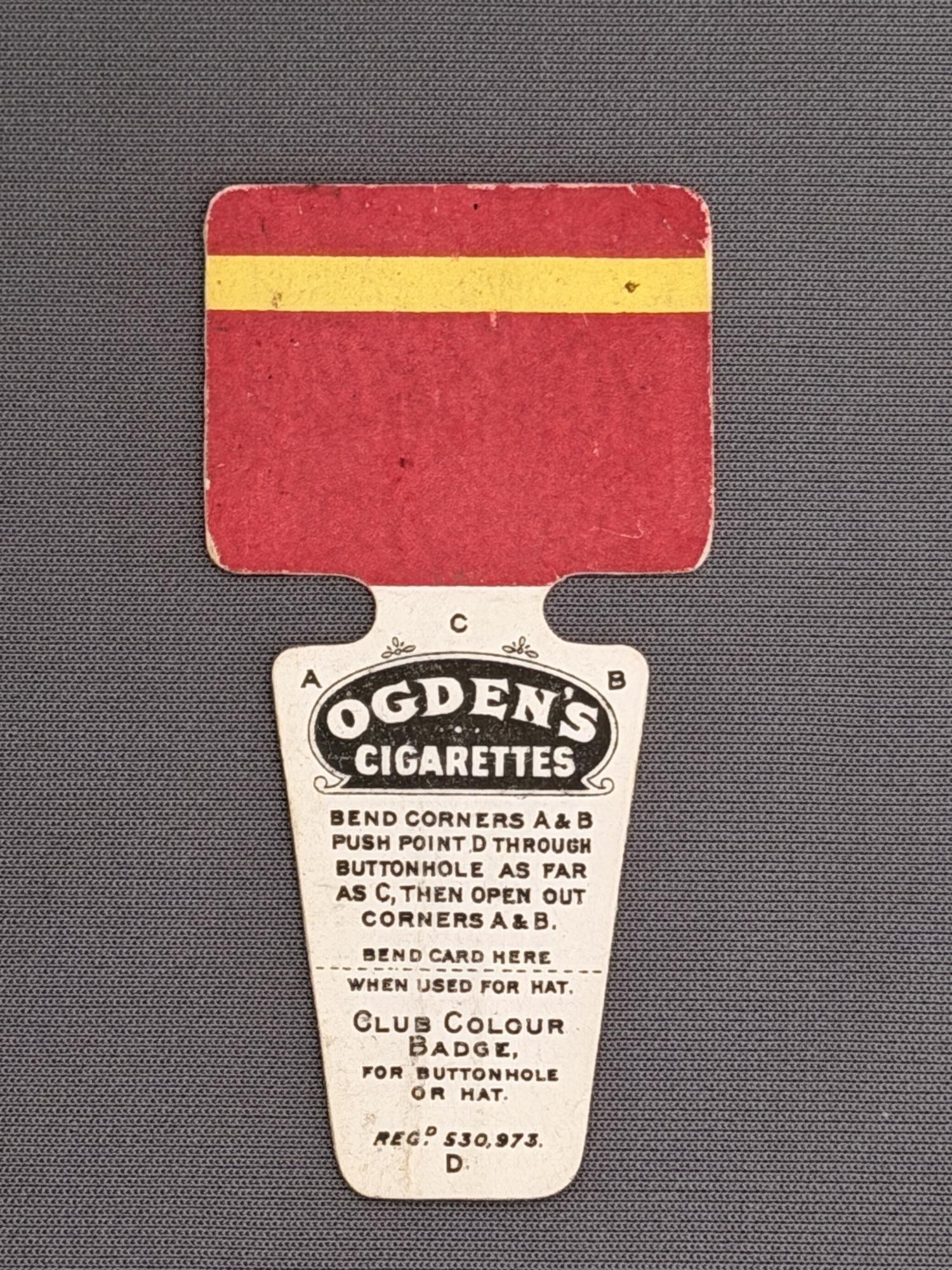 Reference Number: BCBCFC001
Size: H 62.7 mm x W 32.1 mm
Pin Type: Card
Plating: Cardboard
Value: £20
Manufacturer: Ogden's Cigarettes
Comments: Ogden's Cigarettes Button Hole Bradford City Badge. Dating from about 1910.
