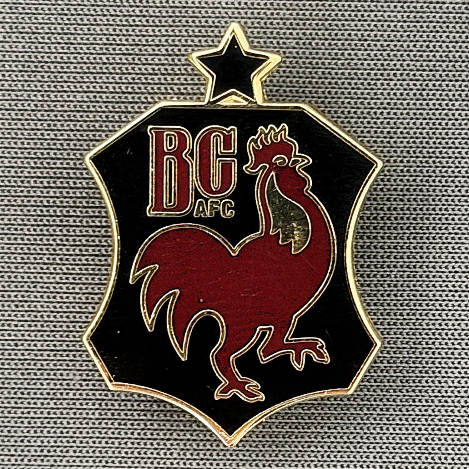 Reference Number: BCBAN037
Size: H 25.9 mm x W 18.4 mm
Pin Type: Brooch Pin
Plating: Gold
Value: £6
Manufacturer: Unknown
Comments: Black & Claret, Bantam Crest Shield