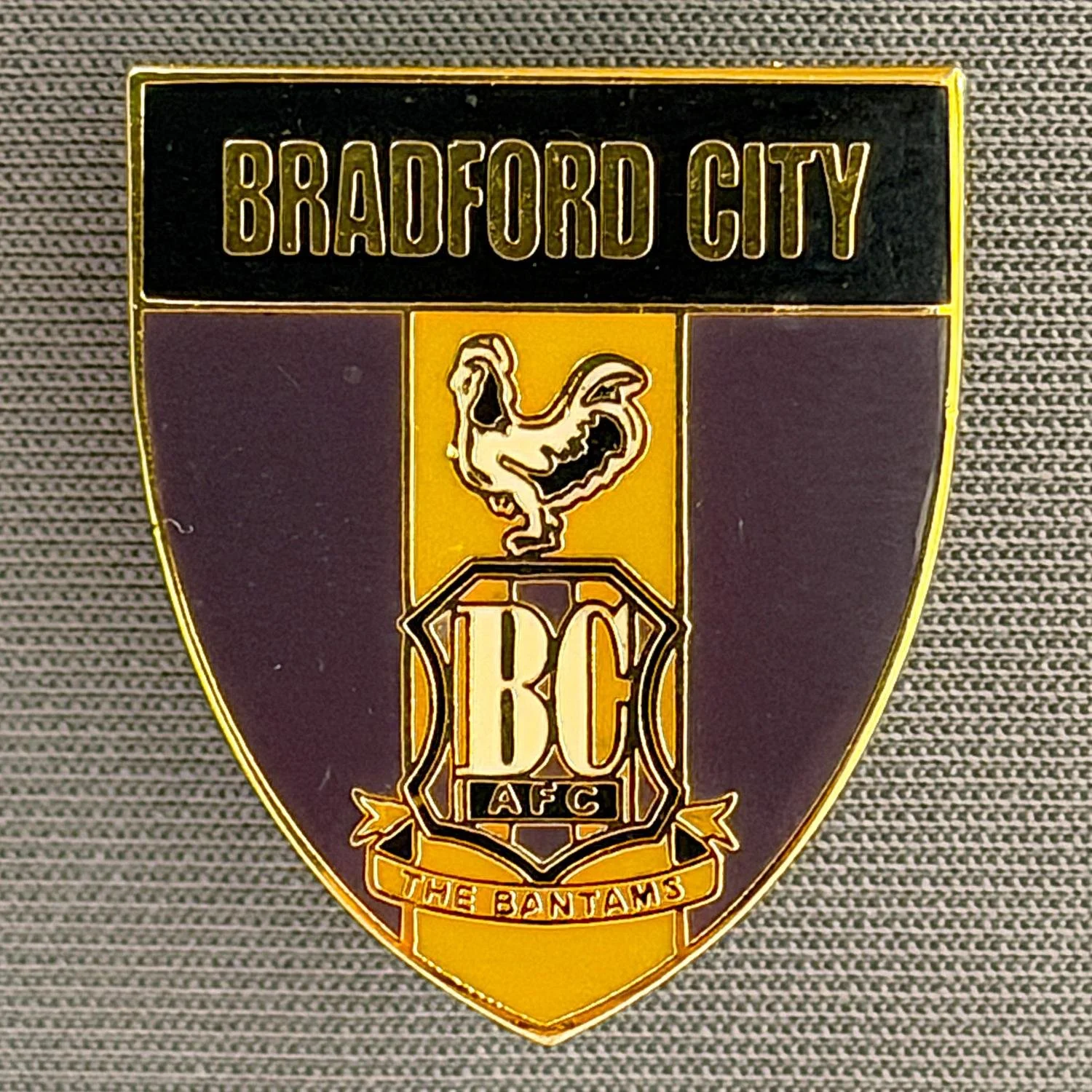 Reference Number: BCC&L012
Size: H 25.1 mm x W 21.4 mm
Pin Type: Metal Clutch
Plating: Gold
Value: £8
Manufacturer: Unknown
Comments: Claret, Amber & Black City Logo Shield
