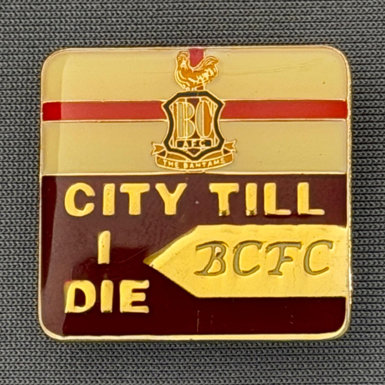 Reference Number: BCFLA009
Size: H 24 mm x W 25 mm
Pin Type: Brooch Pin
Plating: Gold
Value: £6
Manufacturer: Not Known
Comments: City Till I Die incorporating St George Flag & City Logo