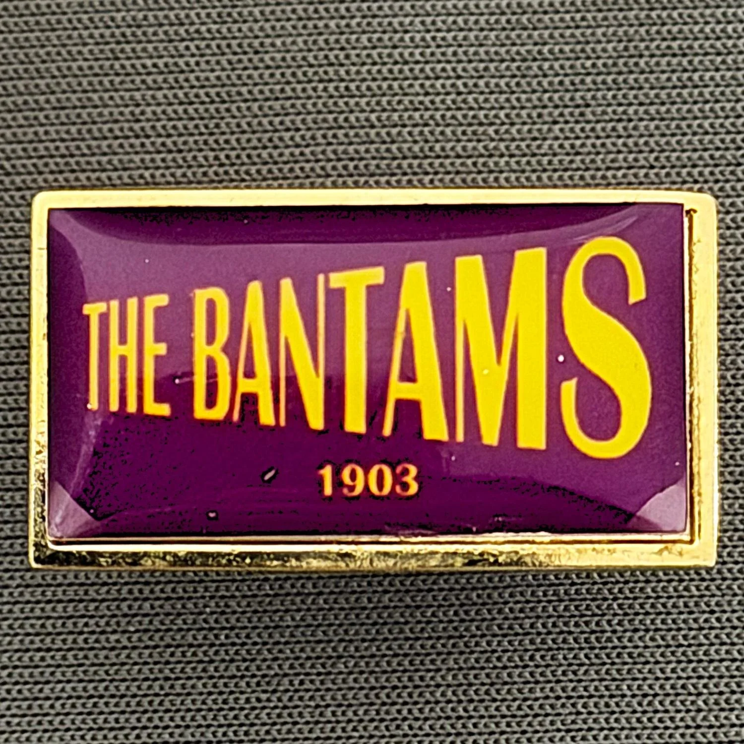 Reference Number: BCBCFC067
Size: H 13.7 mm x W 24.6 mm
Pin Type: Brooch Pin
Plating: Gold
Value: £4
Manufacturer: Unknown
Comments: The Bantams 1903, Claret & Amber, Plastic Dome