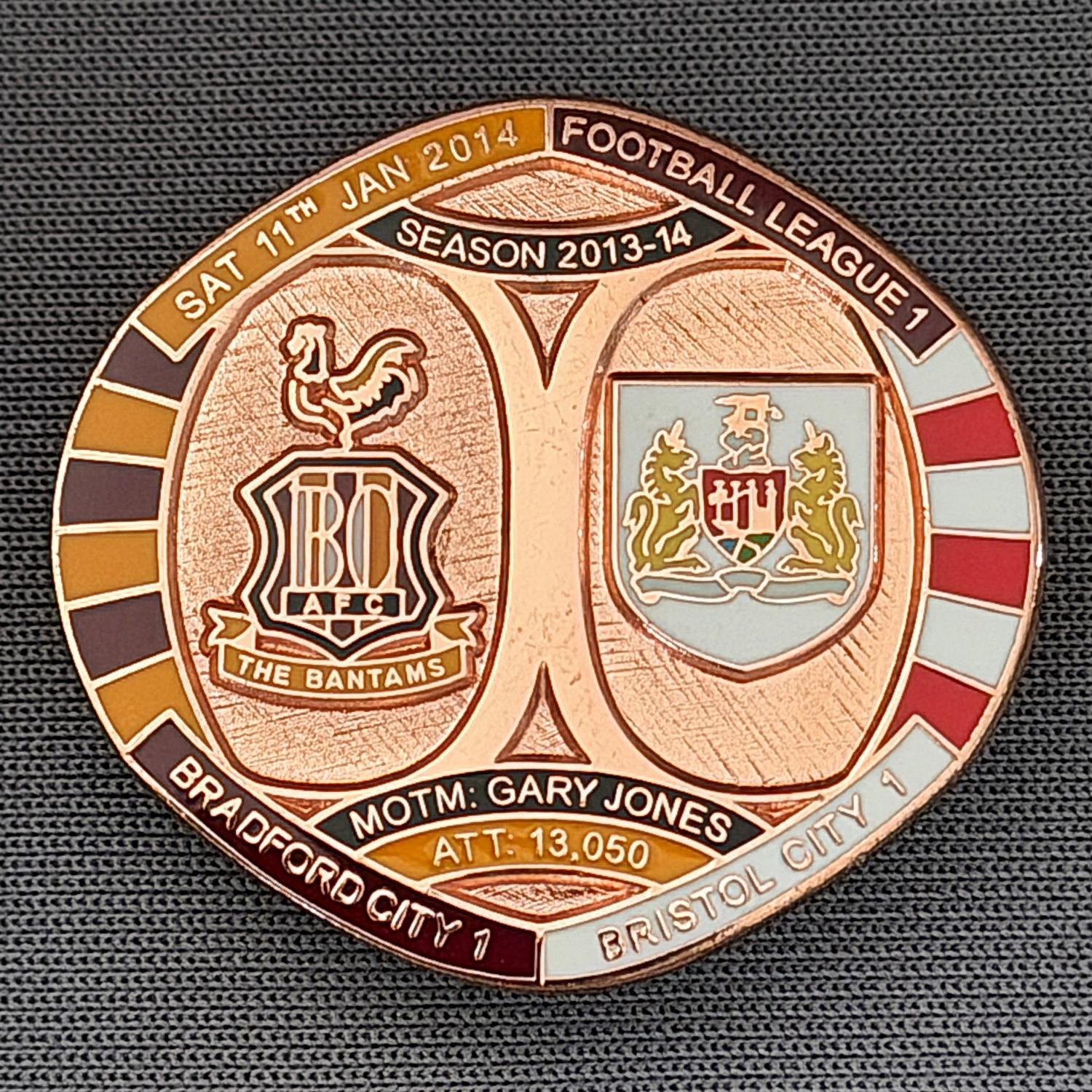 Reference Number: BCFIX243
Size: H 26.3 mm x W 28.9 mm
Pin Type: Brooch Pin
Plating: Copper
Value: £12
Manufacturer: Bradford City Badges
Comments: Bradford City v Bristol City 2013/14, Limited Edition of 1 Badge (Copper Version)