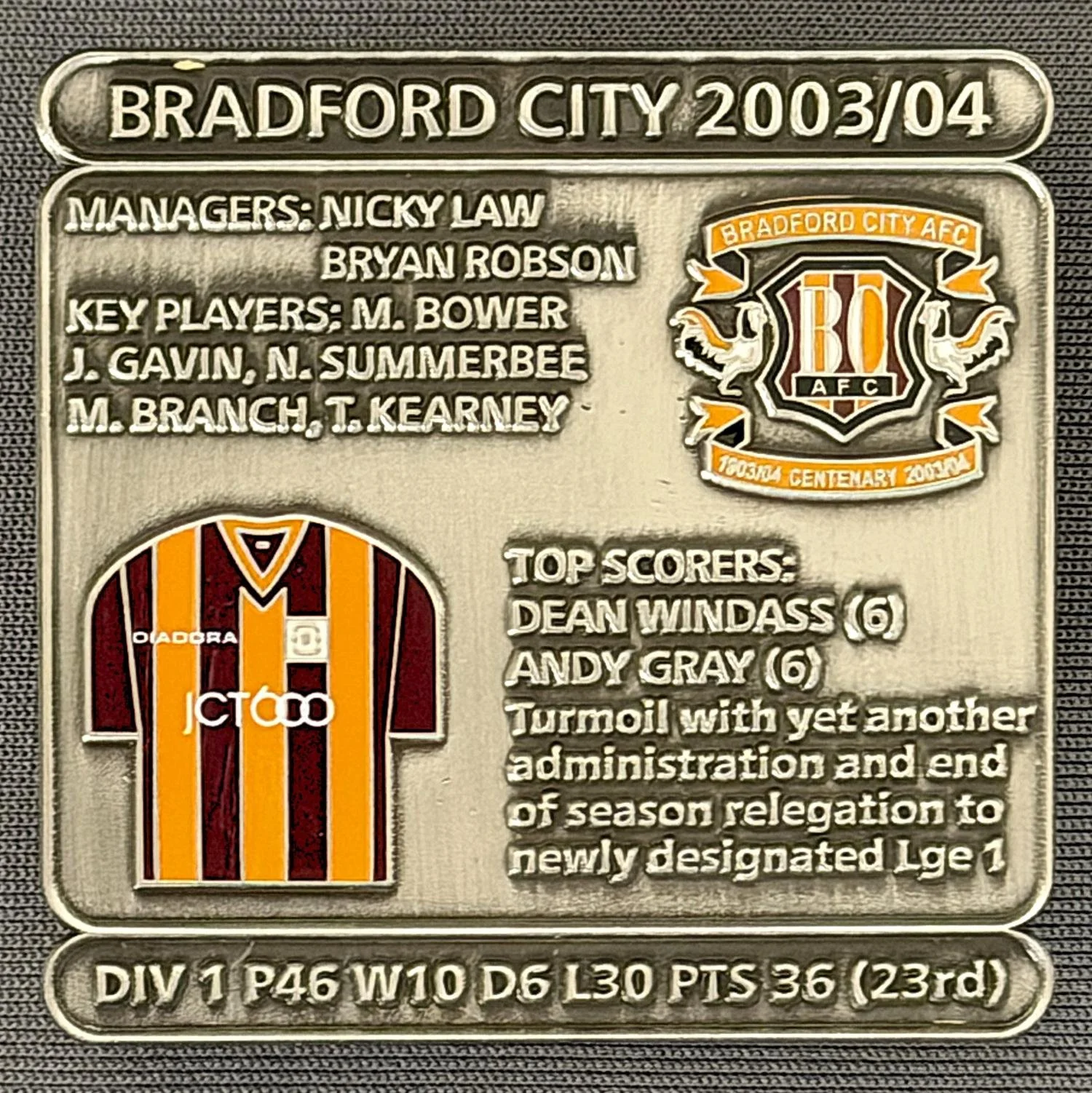 Reference Number: BCDEC210
Size: H 41.1 mm x W 42 mm
Pin Type: Double Metal Clutch
Plating: Antique Silver
Value: £8
Manufacturer: Historic Sports Badges Ltd
Comments: 2003/04 Season