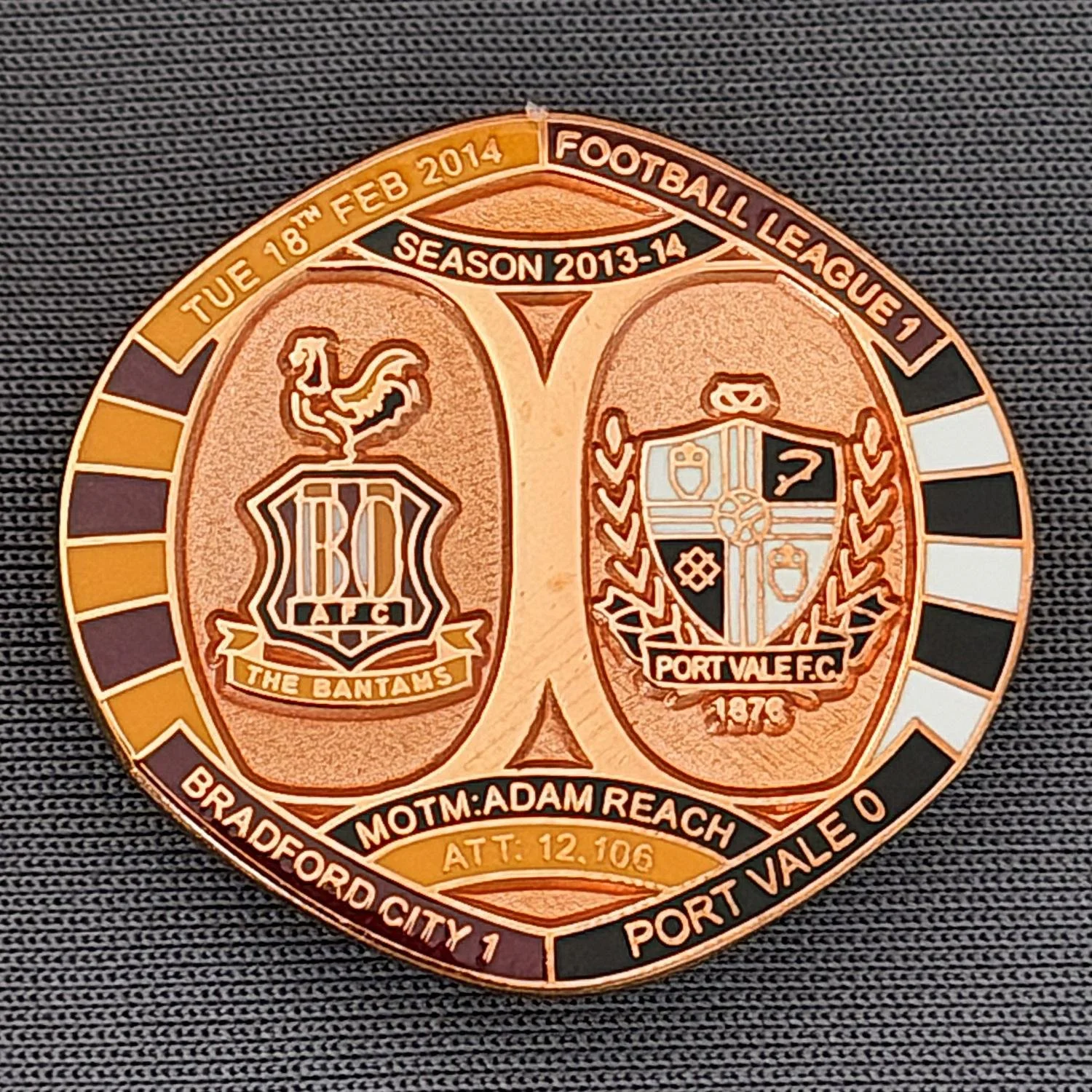 Reference Number: BCFIX246
Size: H 26.3 mm x W 28.9 mm
Pin Type: Brooch Pin
Plating: Copper
Value: £12
Manufacturer: Bradford City Badges
Comments: Bradford City v Port Vale 2013/14, Limited Edition of 1 Badge (Copper Version)