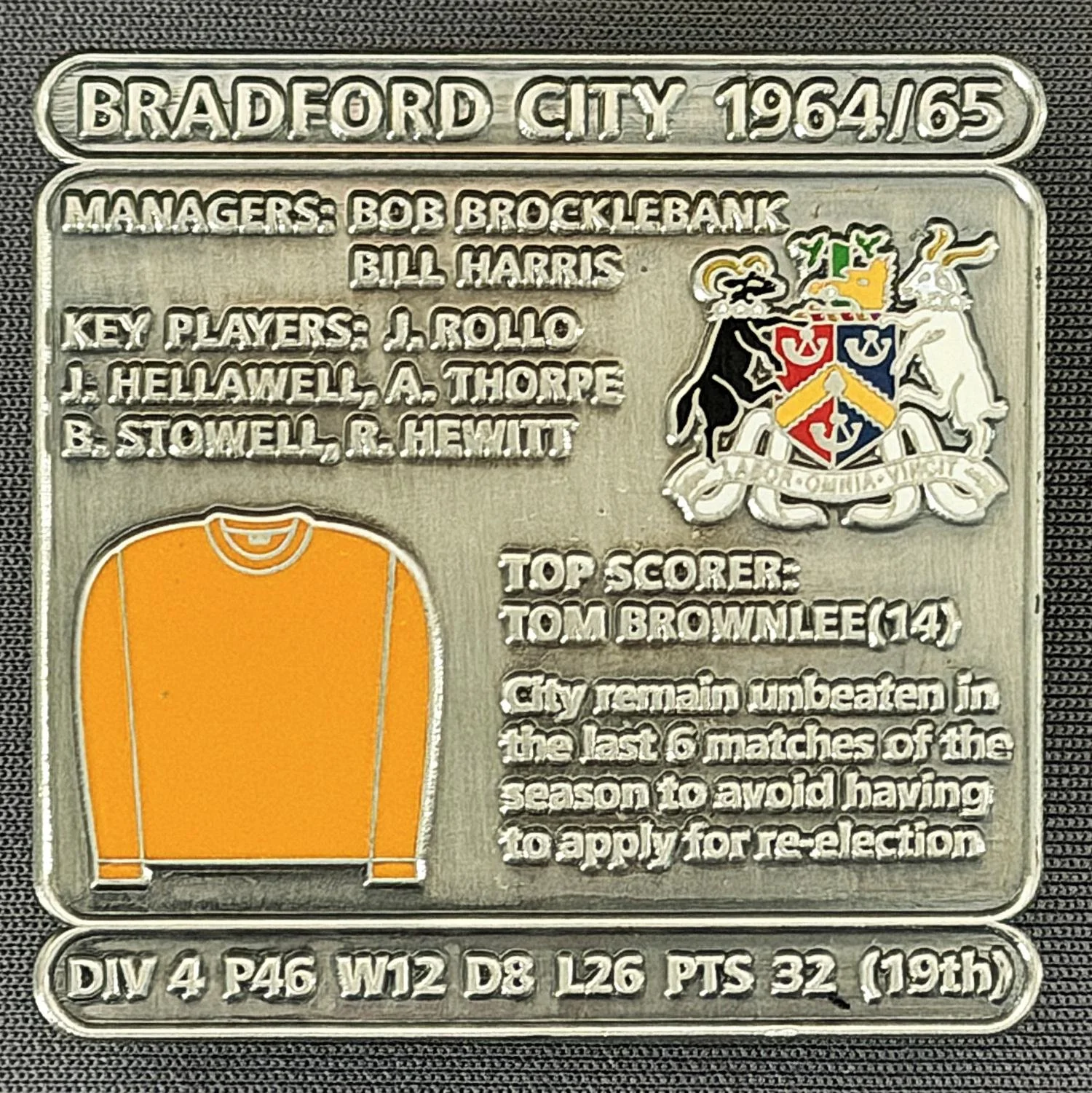 Reference Number: BCDEC131
Size: H 41.1 mm x W 42 mm
Pin Type: Double Metal Clutch
Plating: Antique Silver
Value: £8
Manufacturer: Historic Sports Badges Ltd
Comments: 1964/65 Season
