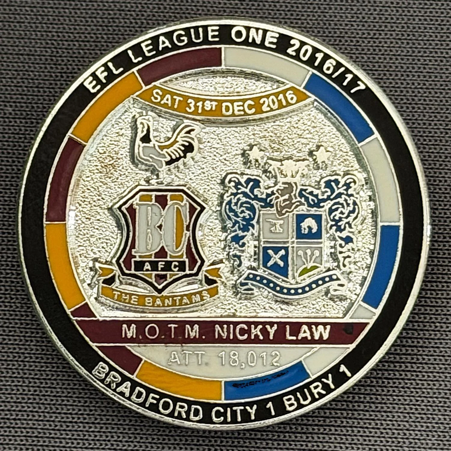 Reference Number: BCFIX404
Size: D 29.4 mm
Pin Type: Brooch Pin
Plating: Nickel
Value: £10
Manufacturer: Bradford City Badges
Comments: Bradford City v Bury 2016/17, Limited Edition of 10 Badges (Nickel Version)