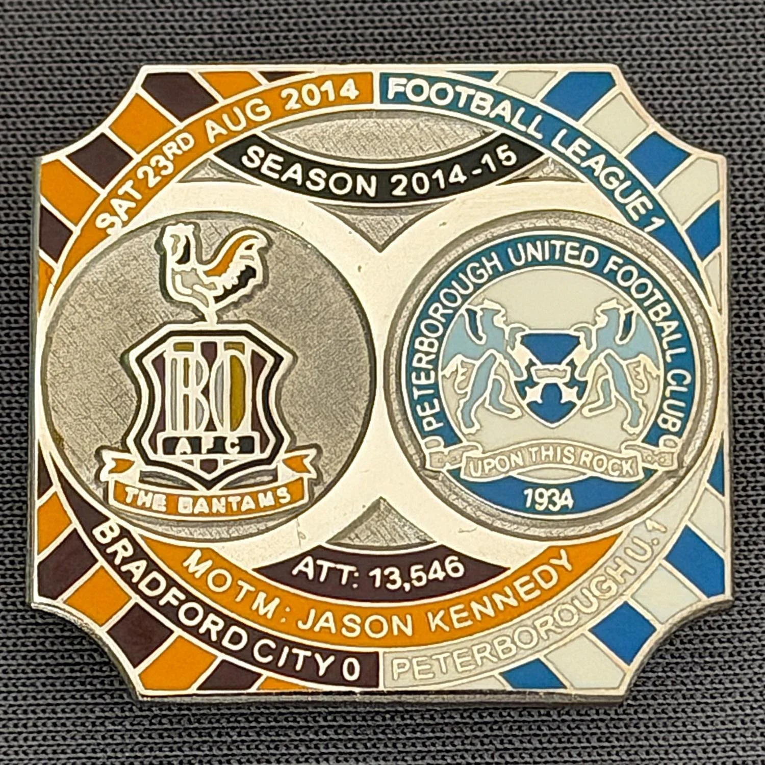 Reference Number: BCFIX278
Size: H 26.8 mm x W 28.8 mm
Pin Type: Brooch Pin
Plating: Nickel
Value: £10
Manufacturer: Bradford City Badges
Comments: Bradford City v Peterborough 2014/15, Limited Edition of 10 Badges (Nickel Version)