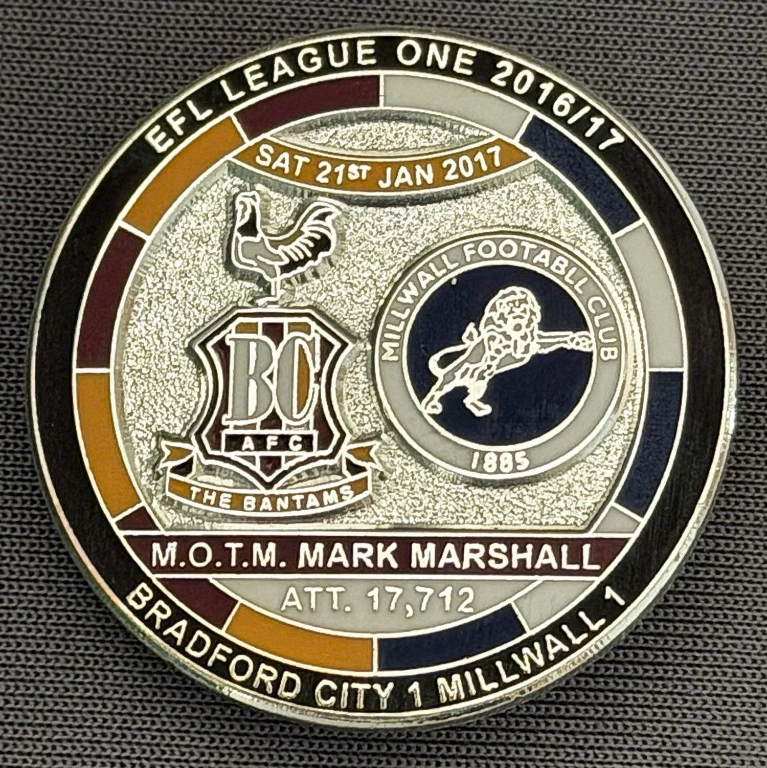 Reference Number: BCFIX406
Size: D 29.4 mm
Pin Type: Brooch Pin
Plating: Nickel
Value: £10
Manufacturer: Bradford City Badges
Comments: Bradford City v Millwall 2016/17, Limited Edition of 10 Badges (Nickel Version)