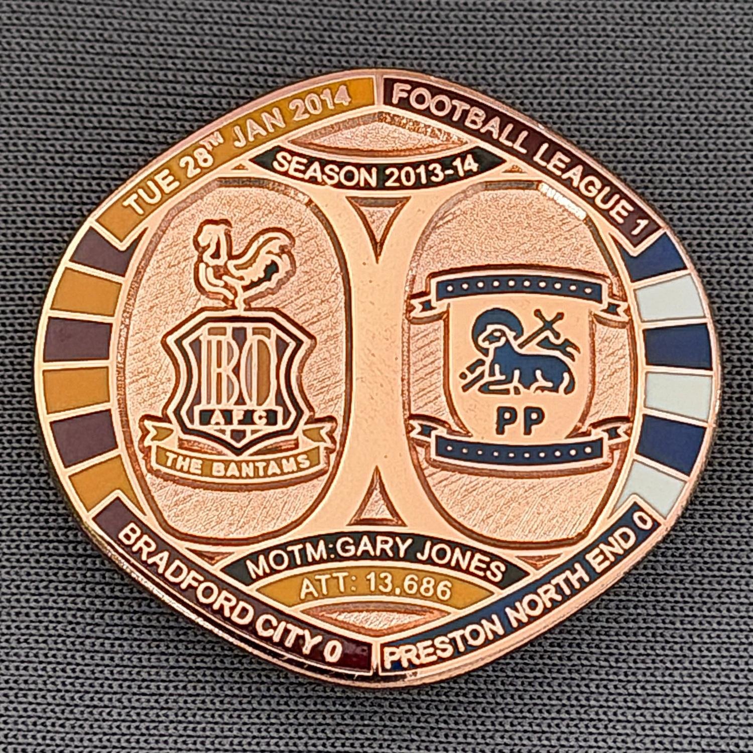 Reference Number: BCFIX244
Size: H 26.3 mm x W 28.9 mm
Pin Type: Brooch Pin
Plating: Copper
Value: £12
Manufacturer: Bradford City Badges
Comments: Bradford City v Preston North End 2013/14, Limited Edition of 1 Badge (Copper Version)