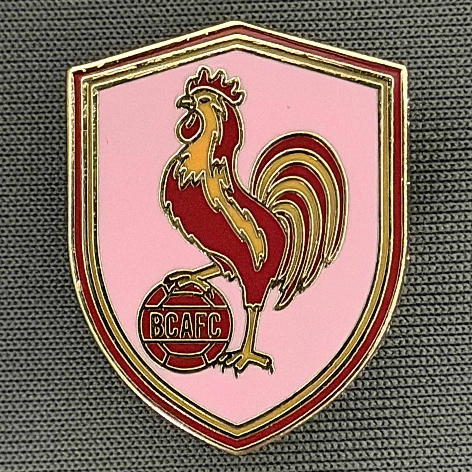 Reference Number: BCBAN086
Size: H 24.5 mm x W 19.3 mm
Pin Type: Brooch Pin
Plating: Gold
Value: £4
Manufacturer: Guy Badge Stall
Comments: Pink Bantam Ball Shield 2026