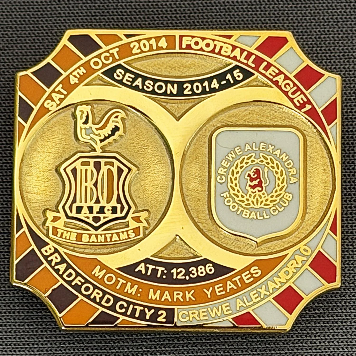 Reference Number: BCFIX259
Size: H 26.8 mm x W 28.8 mm
Pin Type: Brooch Pin
Plating: Gold
Value: £8
Manufacturer: Bradford City Badges
Comments: Bradford City v Crewe Alexandra 2014/15,  Limited Edition of 50 Badges (Gold Version)